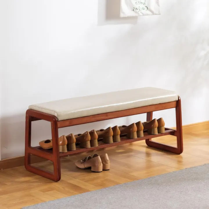 Solid Wood Entryway Shoe Bench with Cushion and 2-Tier Storage (Grey)