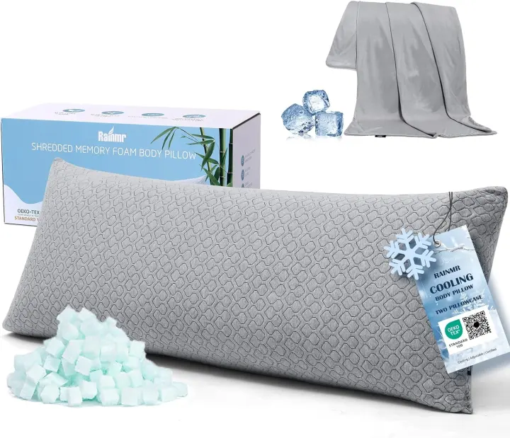 Thick Shredded Memory Foam Full Body Pillow with Cooling Grey Cover — 20 x 54 in