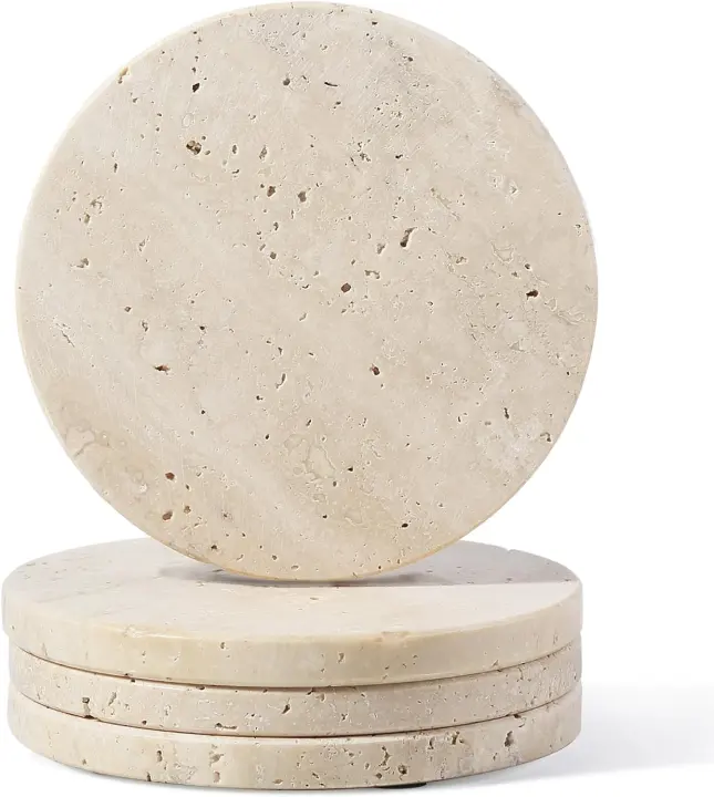 Travertine Drink Coaster Set — 4 Round Stone Coasters (4")