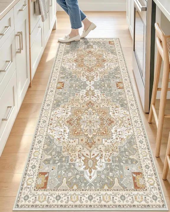Washable 2x6 Runner Rug — Beige Boho Floral Low-Pile Hallway Carpet