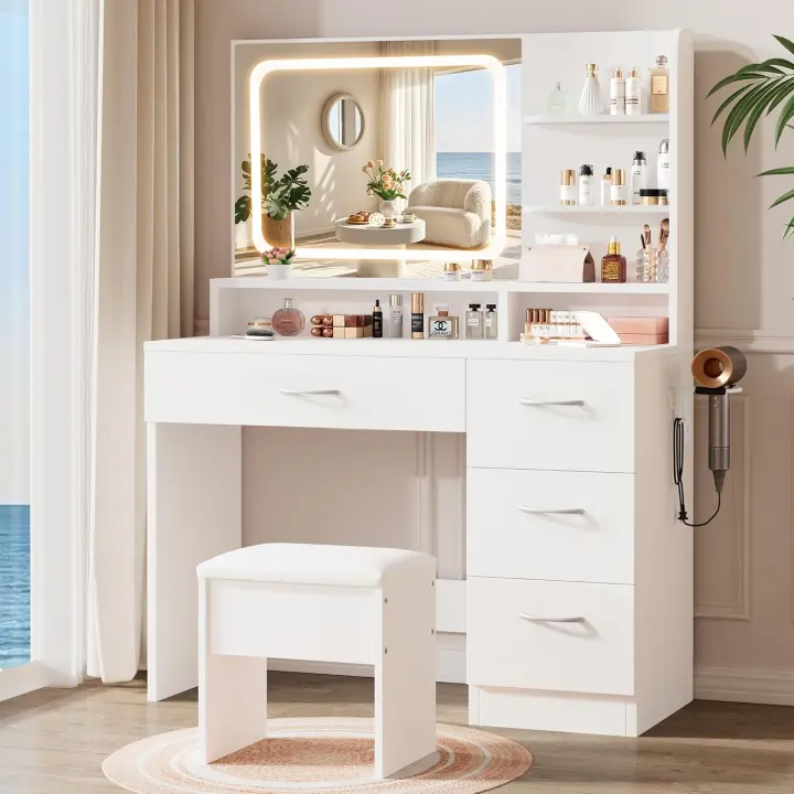 White Makeup Vanity Desk with LED Mirror, Charging Station & 4 Drawers