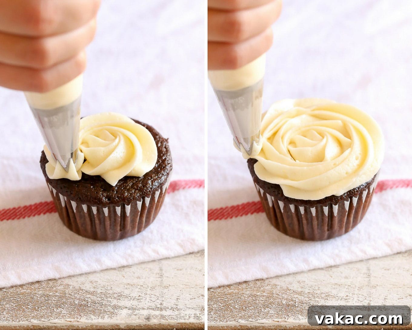 Elevate Your Cupcakes with Perfect Frosting 10 Completing a buttercream rose on a cupcake by piping continuous, expanding circles outwards
