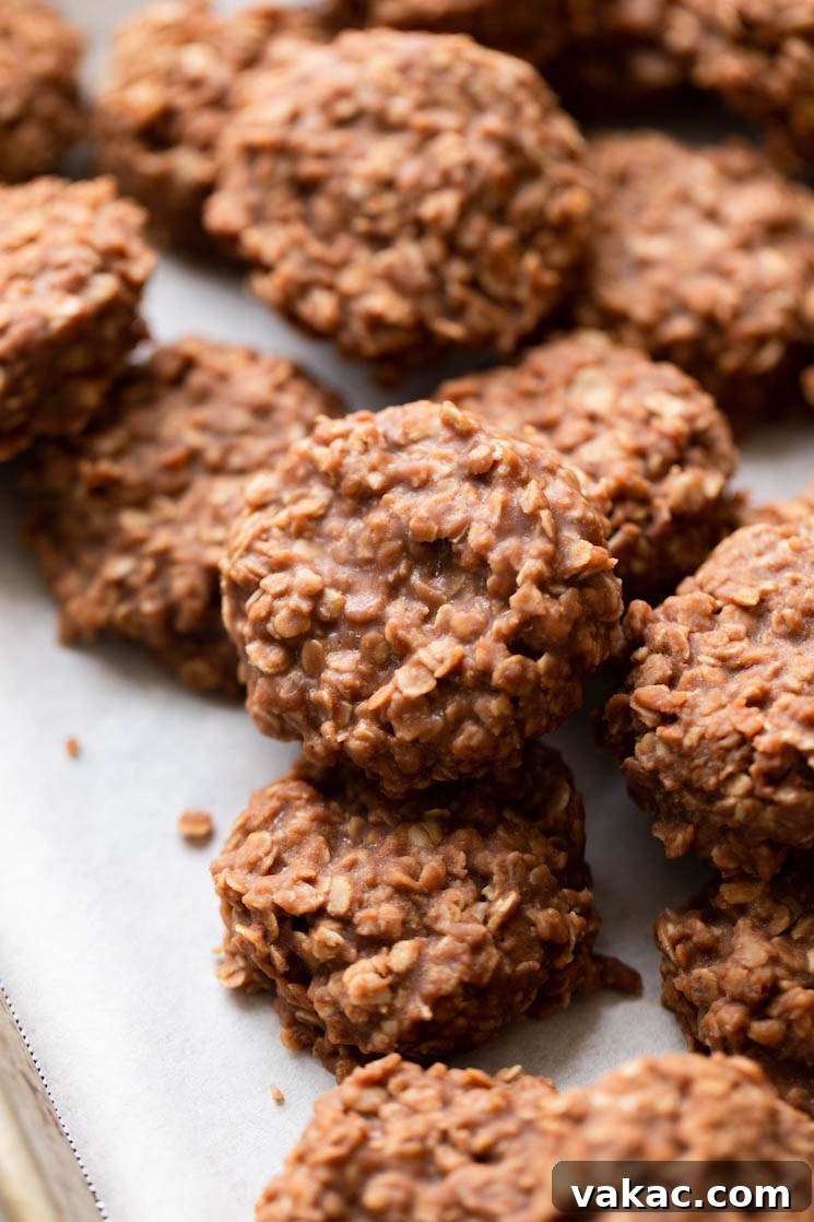Stovetop Sweetness Made Simple 2 Several classic no-bake cookies artfully arranged on a piece of parchment paper, showcasing their appealing texture and rich color.