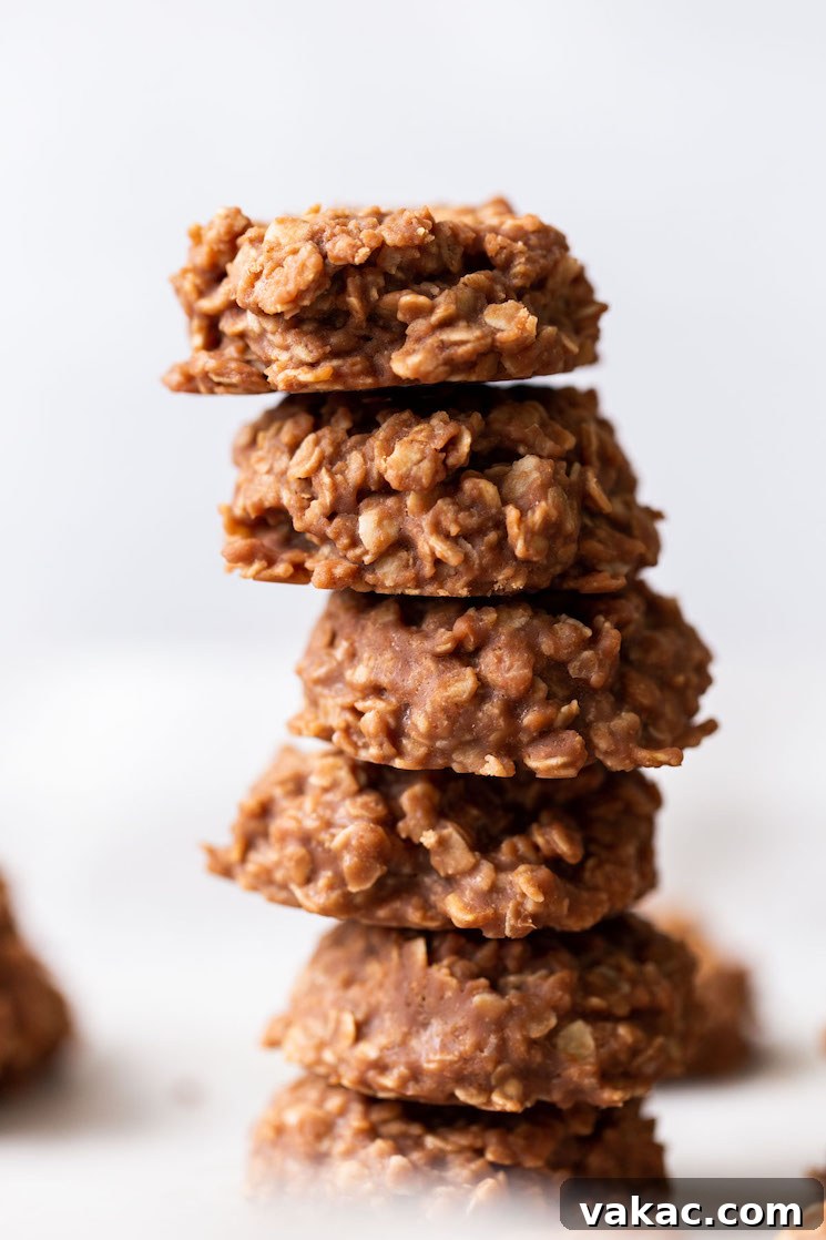 Stovetop Sweetness Made Simple 8 A perfectly stacked pile of several classic no-bake cookies, ready to be enjoyed.