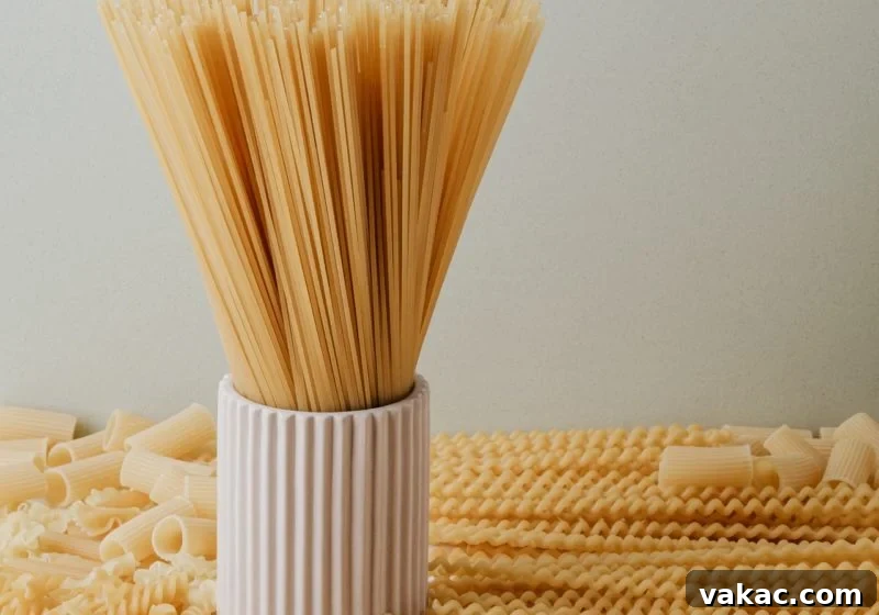 Choosing Your Perfect Pasta: A Noodle Showdown 2 A vibrant assortment of pasta noodles, including spaghetti, penne, and farfalle, artfully arranged on a kitchen counter with a jar of spaghetti noodles standing upright, symbolizing variety and culinary potential.