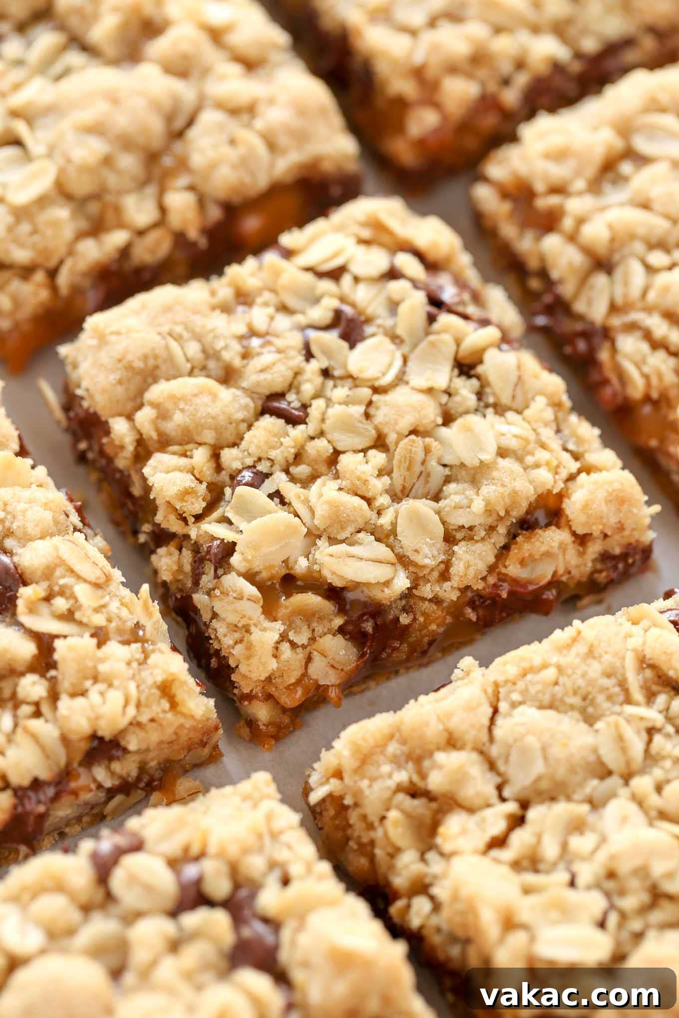 The Carmelites 2 A close up shot of sliced oatmeal caramel bars.