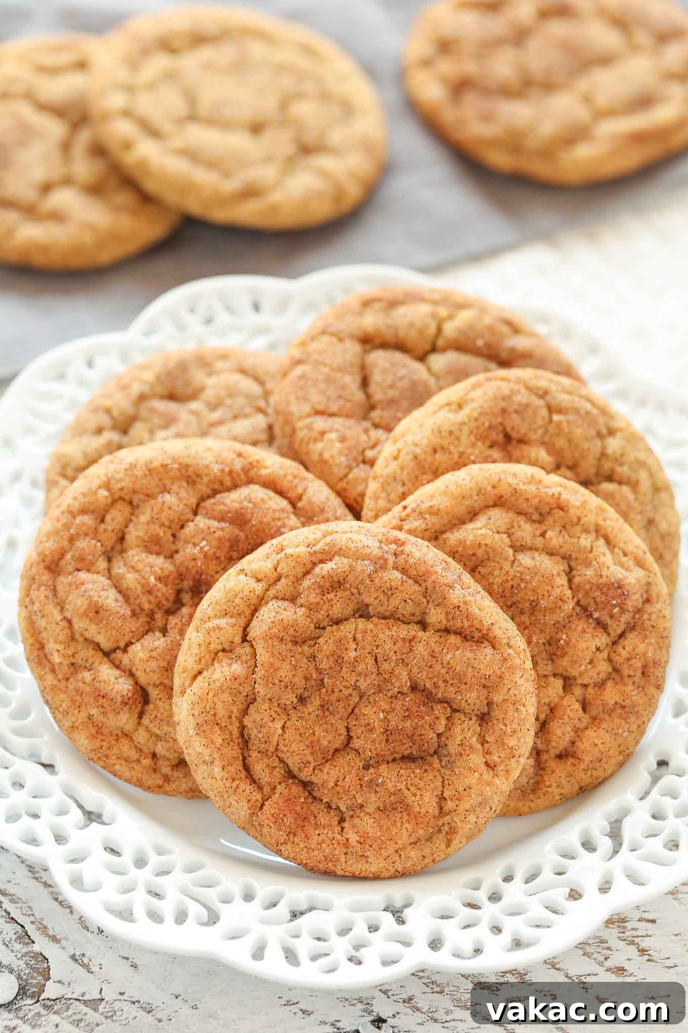 Spiced Pumpkin Snickerdoodles 10 A white plate holds six perfectly soft and chewy pumpkin cookies, with three more blurred in the background, inviting a delicious bite.
