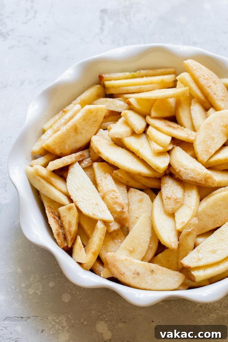 Sliced apples coated in cinnamon and sugar in a round baking dish.