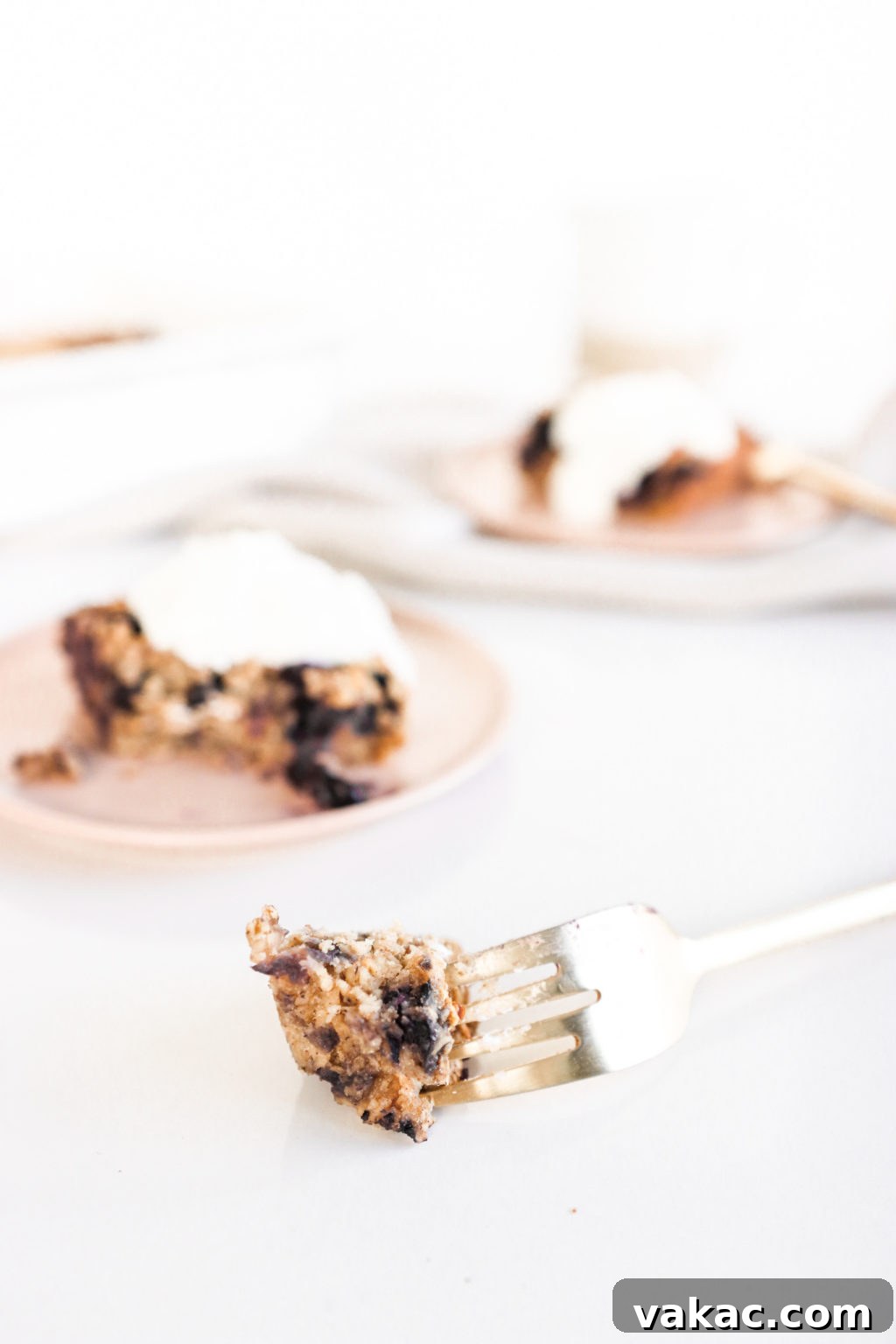 Close-up of baked oatmeal with blueberries