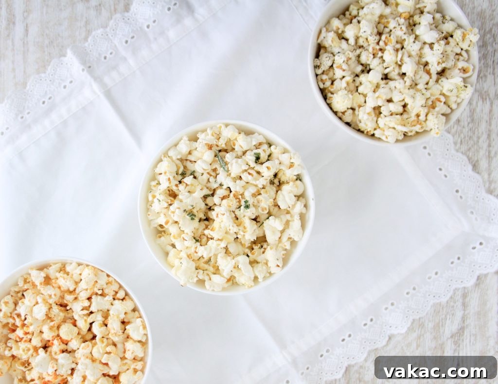 Mastering Your Nighttime Appetite 3 Popcorn three different ways served in white round bowls placed on a white table cloth.