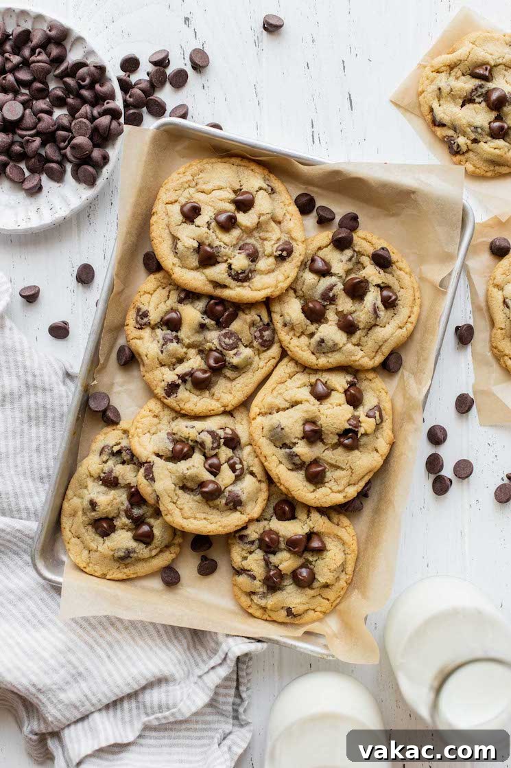 Mini Chocolate Chip Wonders 2 A pile of golden-brown small batch chocolate chip cookies on parchment paper, surrounded by loose chocolate chips, highlighting their inviting texture.
