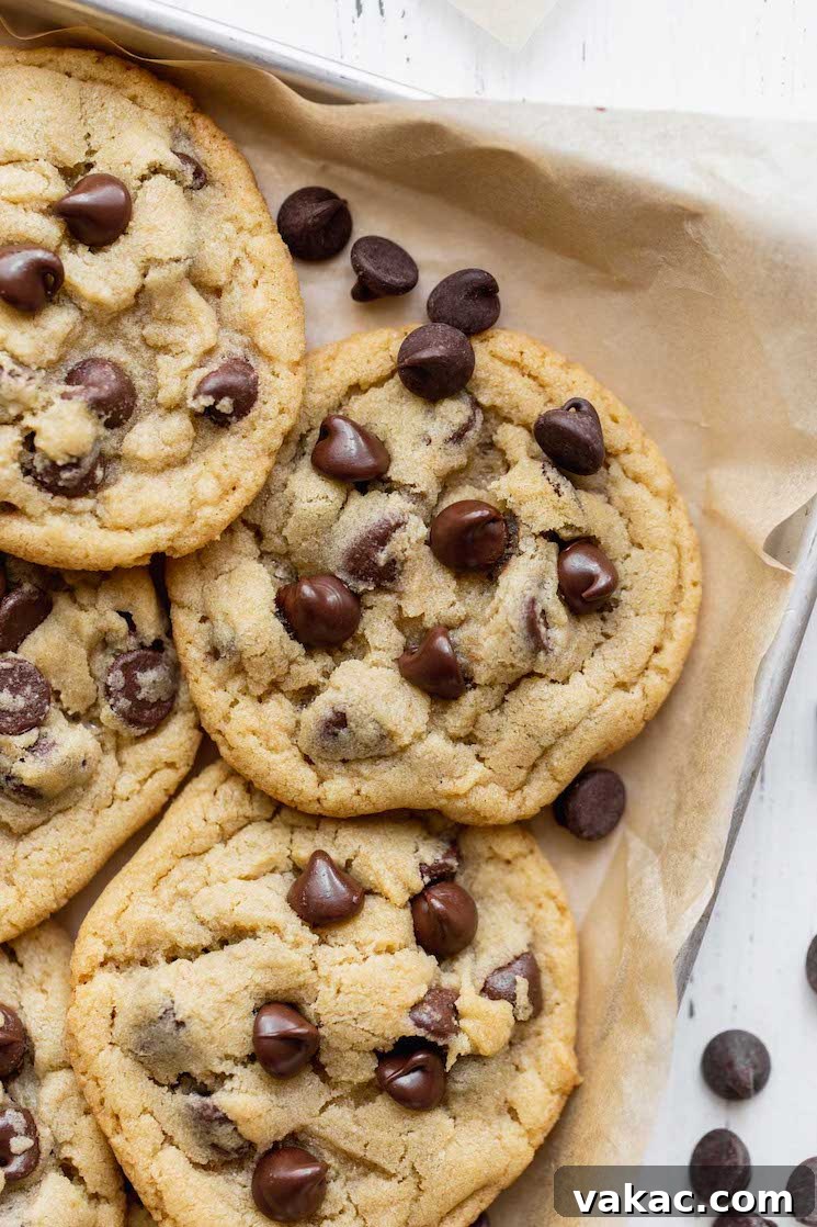 Mini Chocolate Chip Wonders 5 A close-up view of freshly baked chocolate chip cookies cooling on a baking sheet lined with brown parchment paper, showing their perfectly baked edges and melty chocolate.