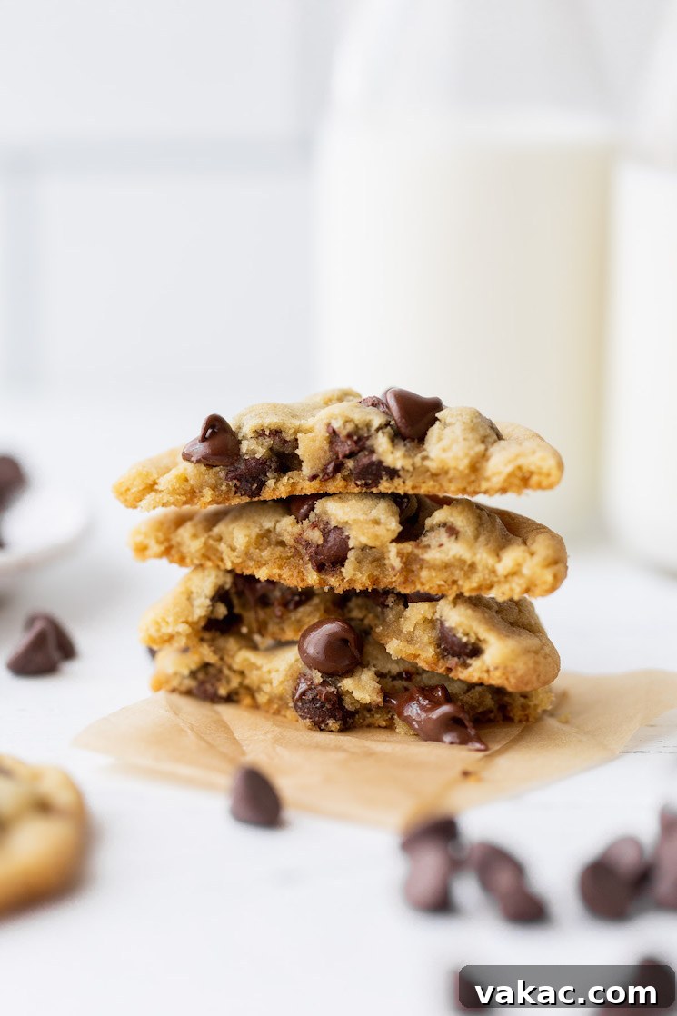 Mini Chocolate Chip Wonders 6 A stack of two small batch chocolate chip cookies, one cut in half, revealing a perfectly soft, chewy interior with abundant melted chocolate chips.