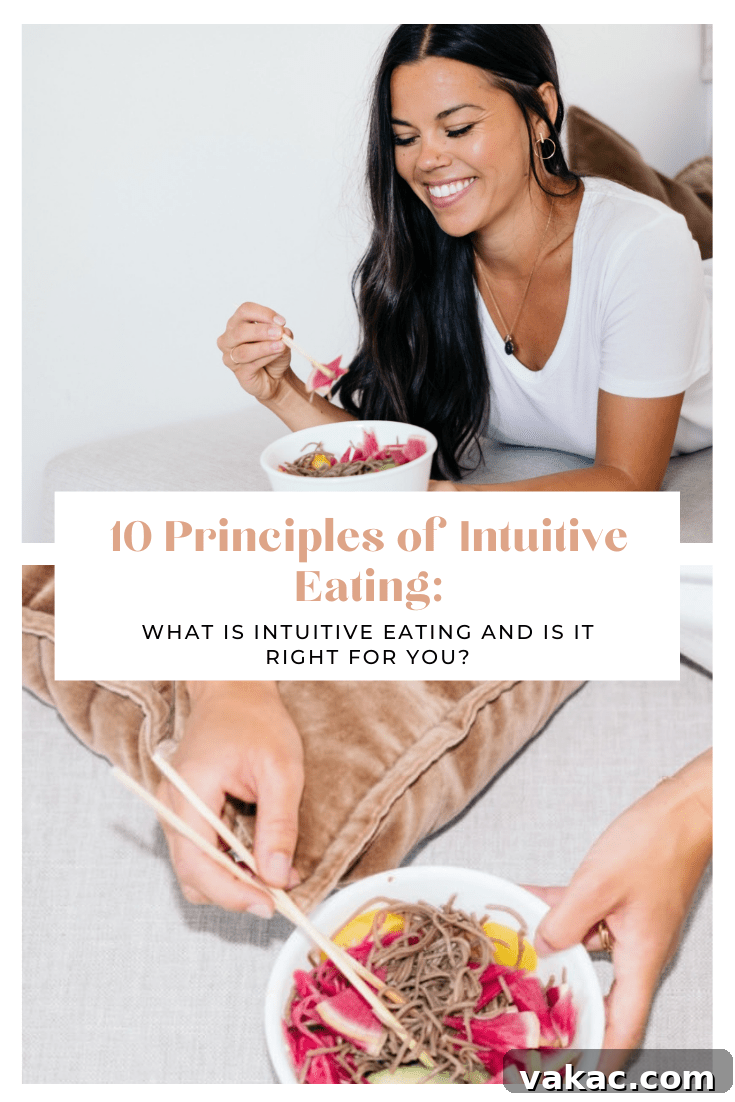 The Intuitive Eating Revolution Finding Peace with Food and Your Body 2 Graphic of a Registered Dietitian eating from a bowl with the words, "10 Principles of Intuitive Eating and is it right for you?" layered on top of the image.