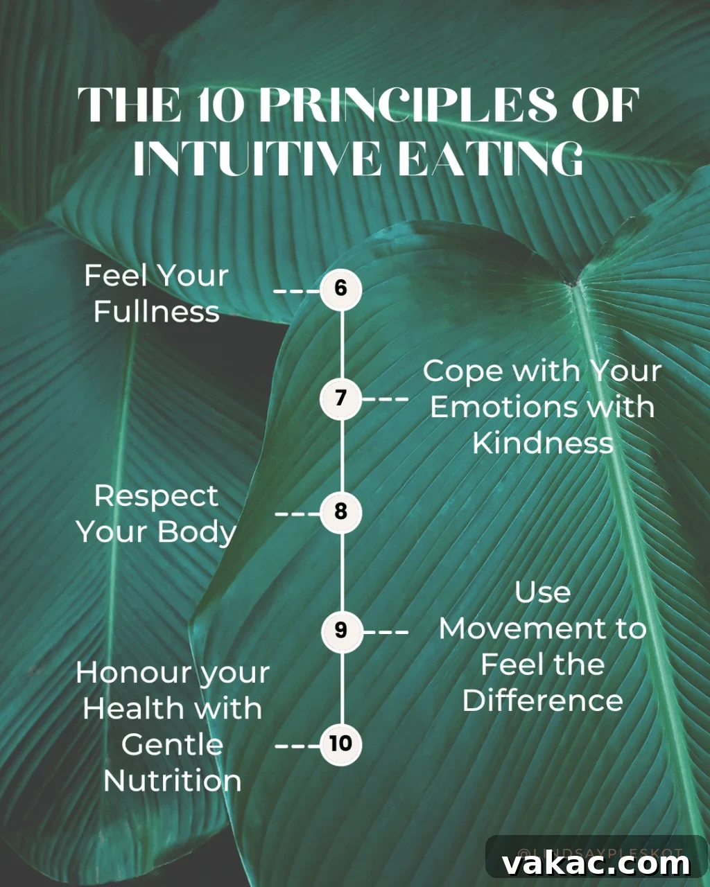 The Intuitive Eating Revolution Finding Peace with Food and Your Body 4 A graphic showing a list of the last 6 to 10 principles of intuitive eating.