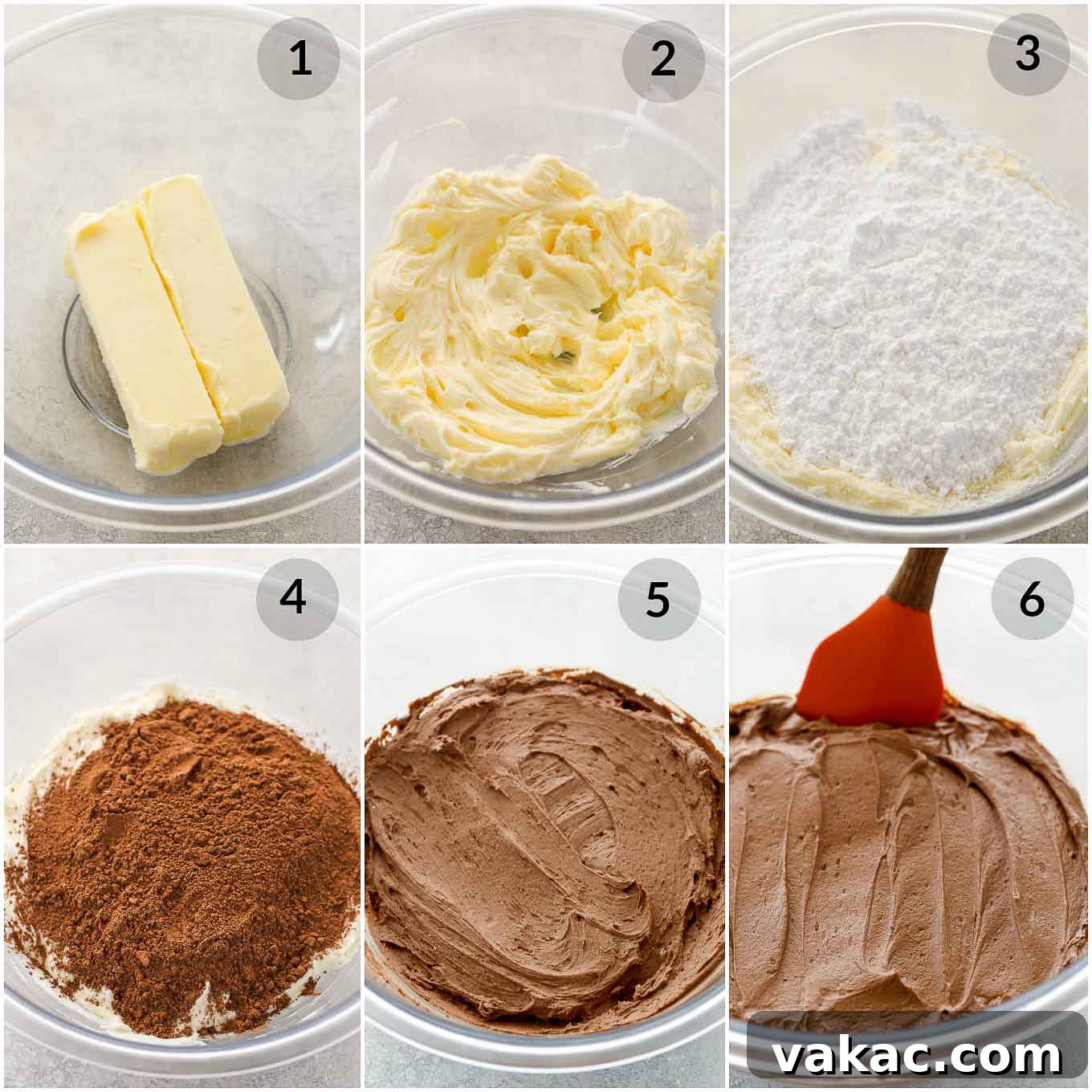 Velvet Chocolate Buttercream 3 A step-by-step photo collage illustrating the process of making the best chocolate buttercream frosting, from combining ingredients to achieving the perfect consistency.