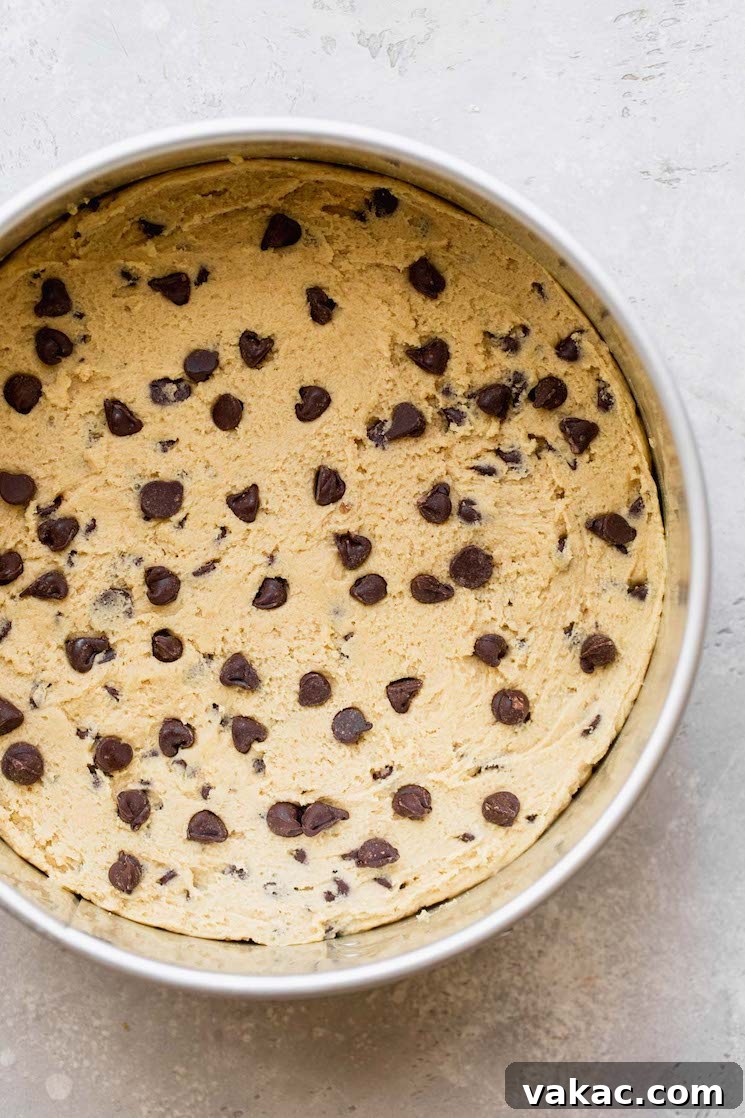 Cookie cake batter pressed into the bottom of a springform pan.