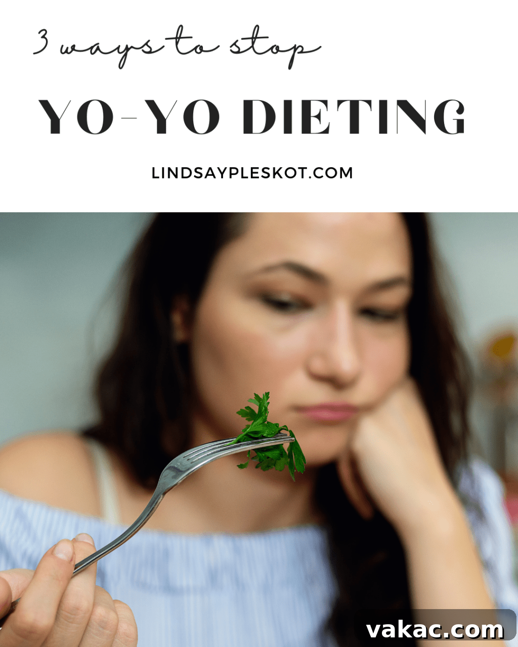Break Free From Yo-Yo Dieting: 3 Immediate Steps 2 A woman in a blue shirt looks thoughtfully at a fork holding a few green leaves, conveying a sense of hunger and the restrictive nature of dieting. The image highlights the struggle with yo-yo dieting and points to ways to stop it.