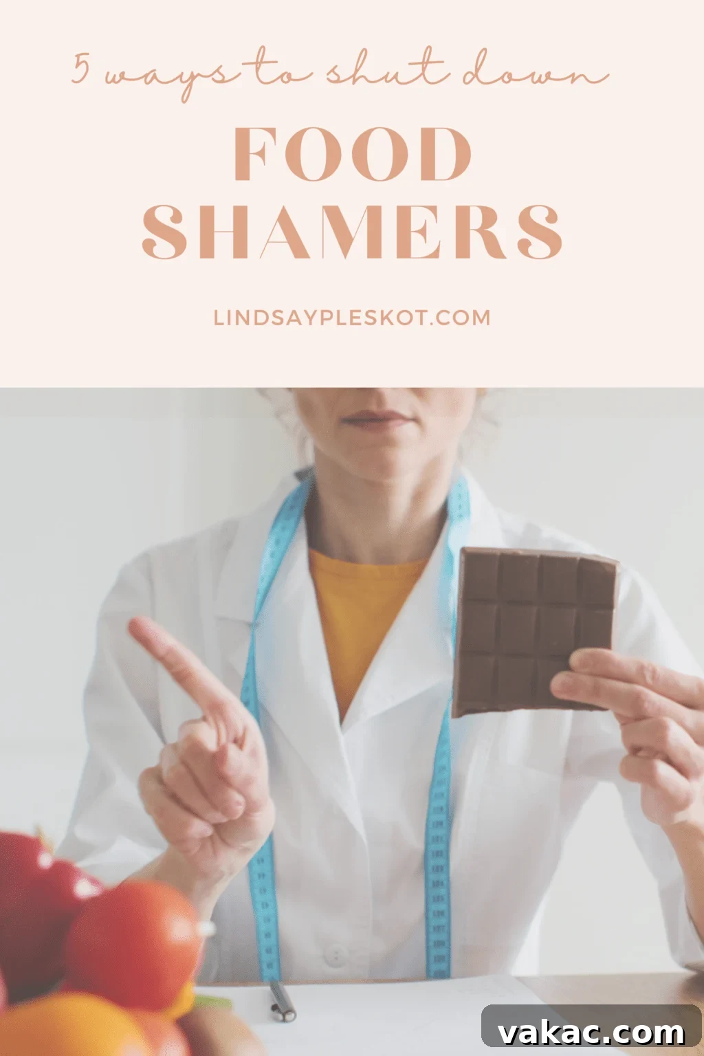 5 Ways to Stop Food Shaming 2 A woman in a lab coat is holding a chocolate bar and shaking a finger at the camera, symbolizing the 'Food Police'