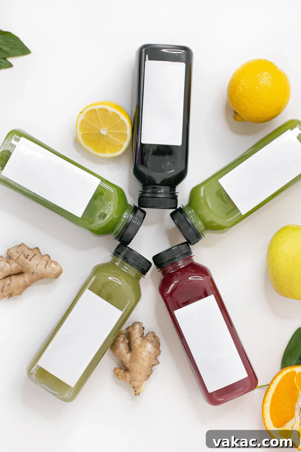Decoding Juice Cleanses Real Benefits Real Risks 3 Five vibrant, colorful juices are arranged in a circular pattern, beautifully surrounded by fresh lemons and ginger, suggesting natural and healthy ingredients.