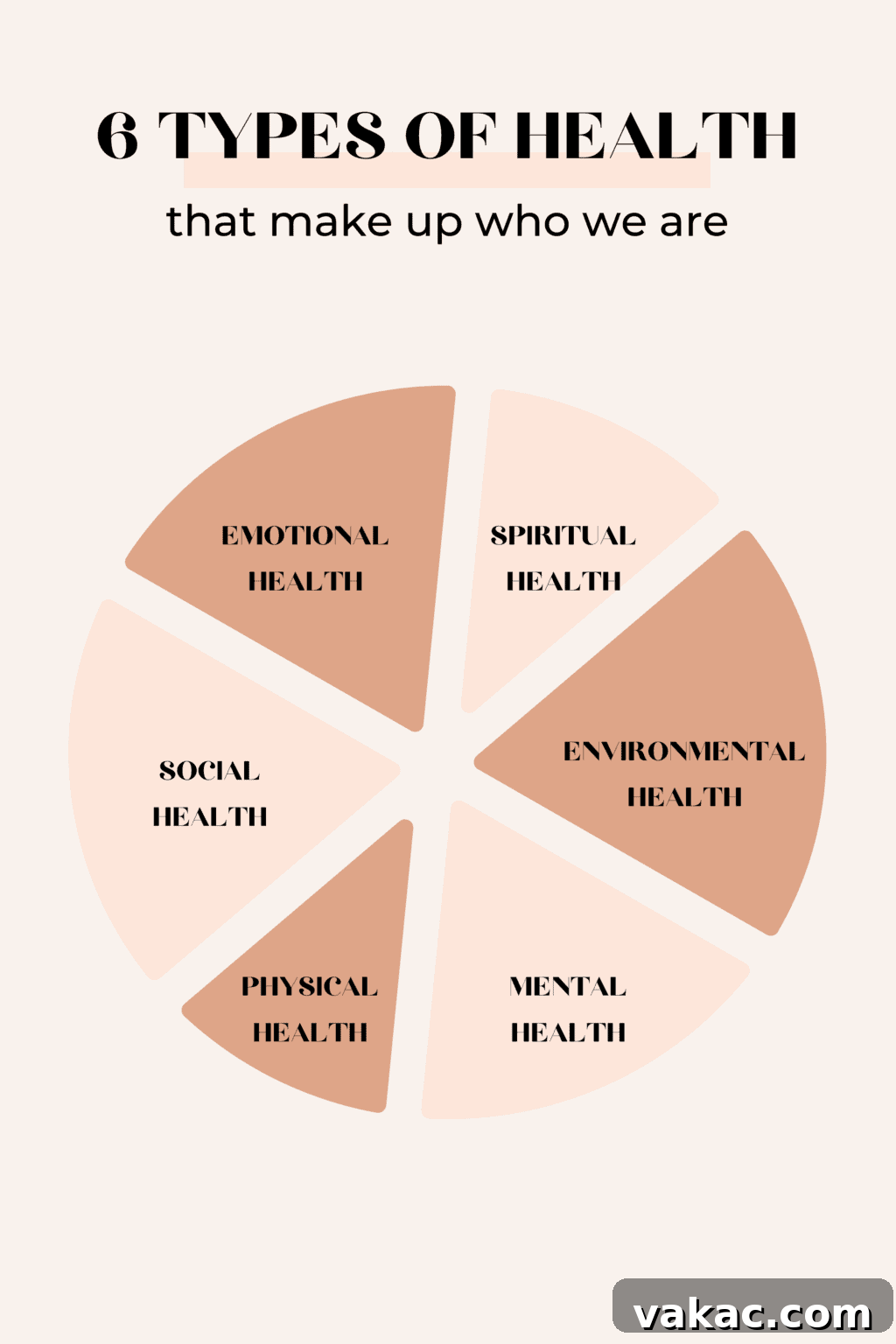 Ate Too Much Regret No More 4 Steps to Freedom 3 A pie chart split into 6 pieces demonstrating the 6 different types of health which are: emotional health, spiritual health, environmental health, mental health, physical health, social health, and emotional health