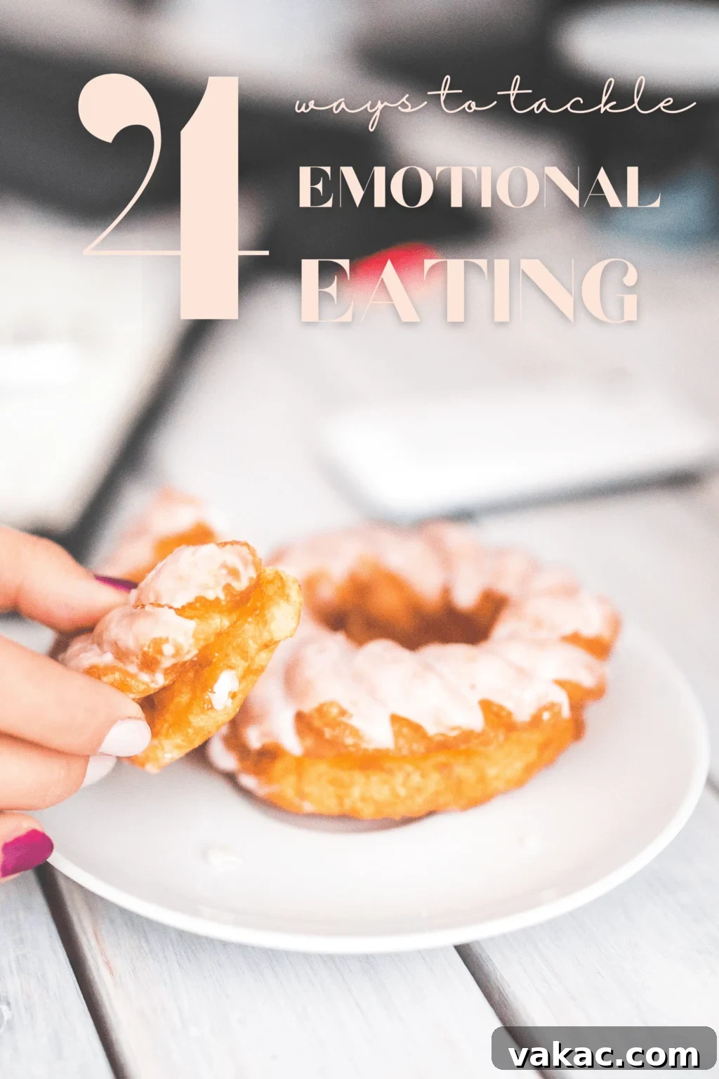 Conquer Emotional Eating: 4 Simple Steps 2 A crueller donut with frosting on a white plate with text that says 4 ways to stop emotional eating, symbolizing comfort food and the topic of emotional eating.
