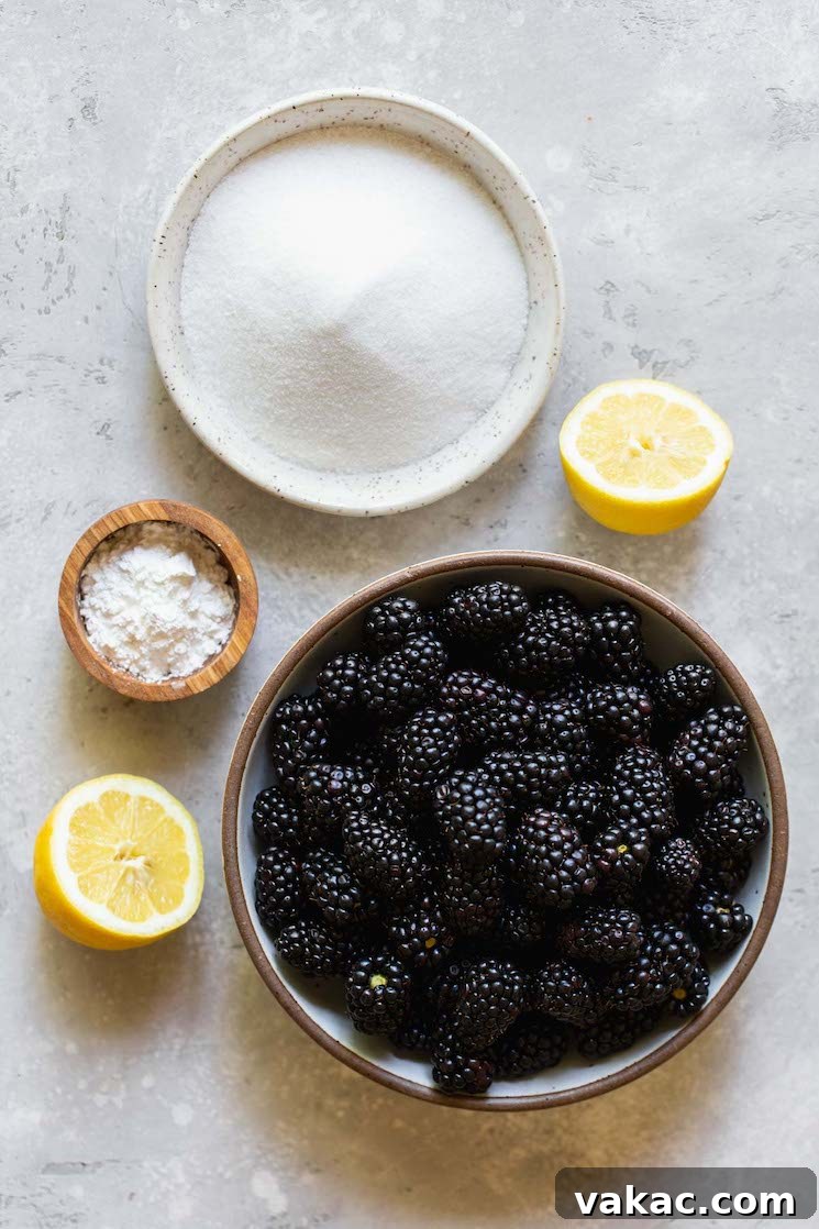 The ingredients for blackberry cobbler filling, including fresh blackberries, sugar, cornstarch, and lemon, arranged in rustic bowls on a gray surface.