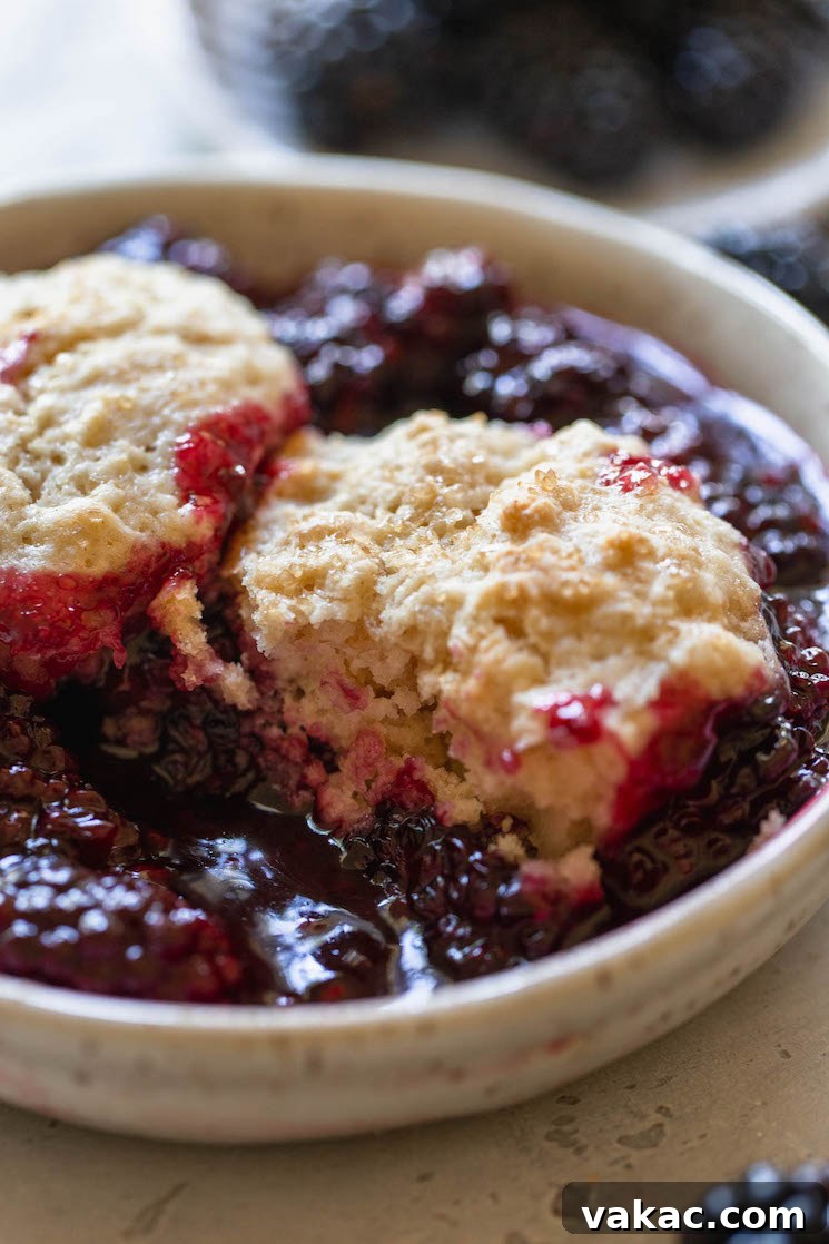 An antique bowl holding a generous serving of blackberry cobbler, with a bite taken out of the biscuit topping to showcase its tender, flaky texture.