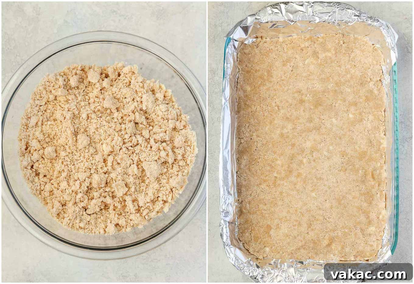 Sun-Kissed Peach Crumble Bars 3 A photo collage showing a perfectly blended crumb mixture in a glass bowl alongside an unbaked crust neatly pressed into a 9x13 inch baking pan.
