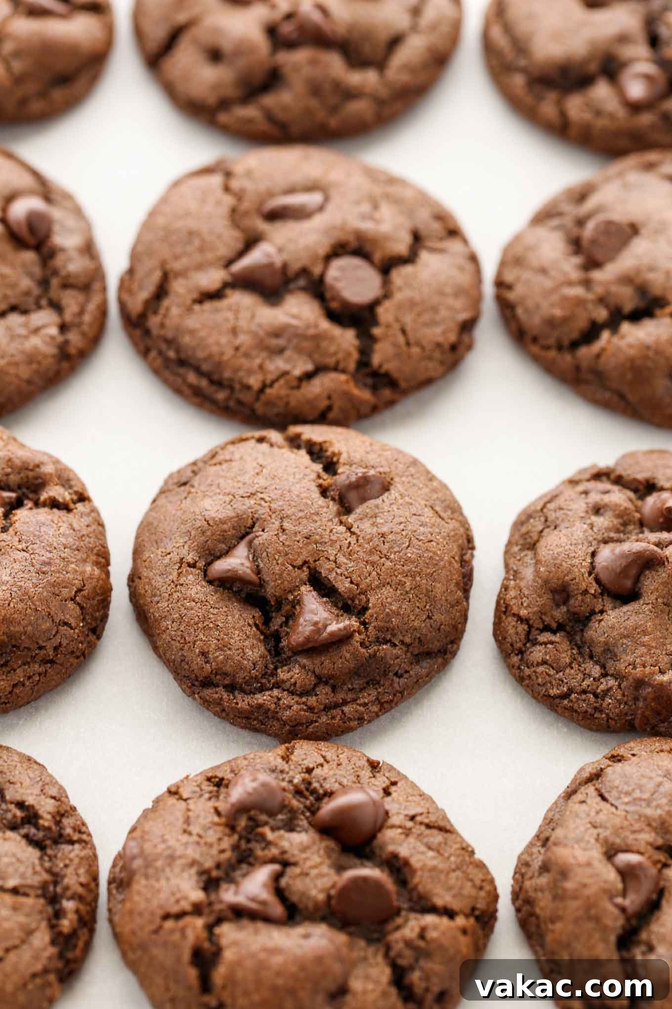 Decadent Double Chocolate Delights 2 Three rows of double chocolate chip cookies on a piece of parchment paper, showing their rich, dark color and visible chocolate chips.