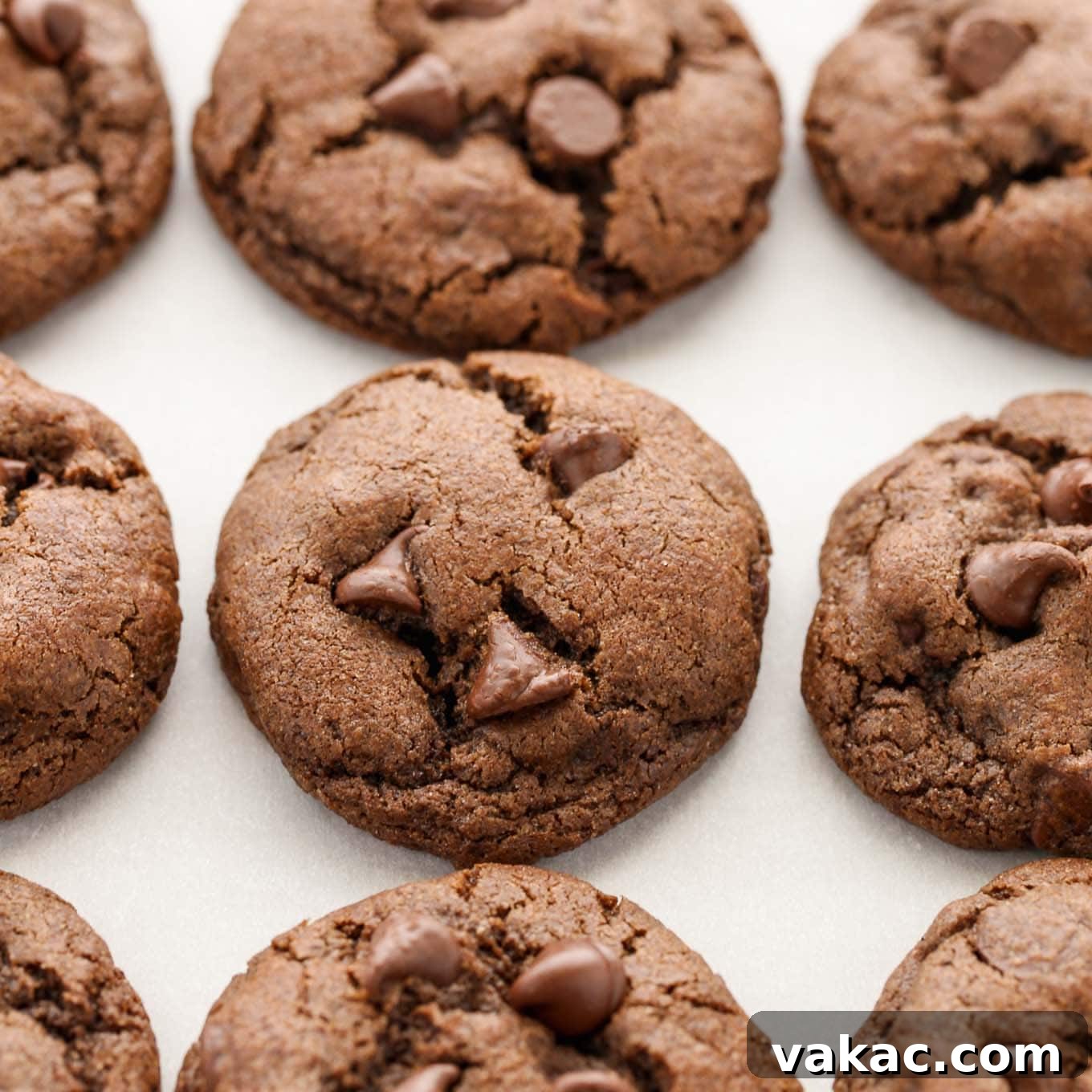 A freshly baked Double Chocolate Chip Cookie with melted chocolate chips visible, resting on a white surface.