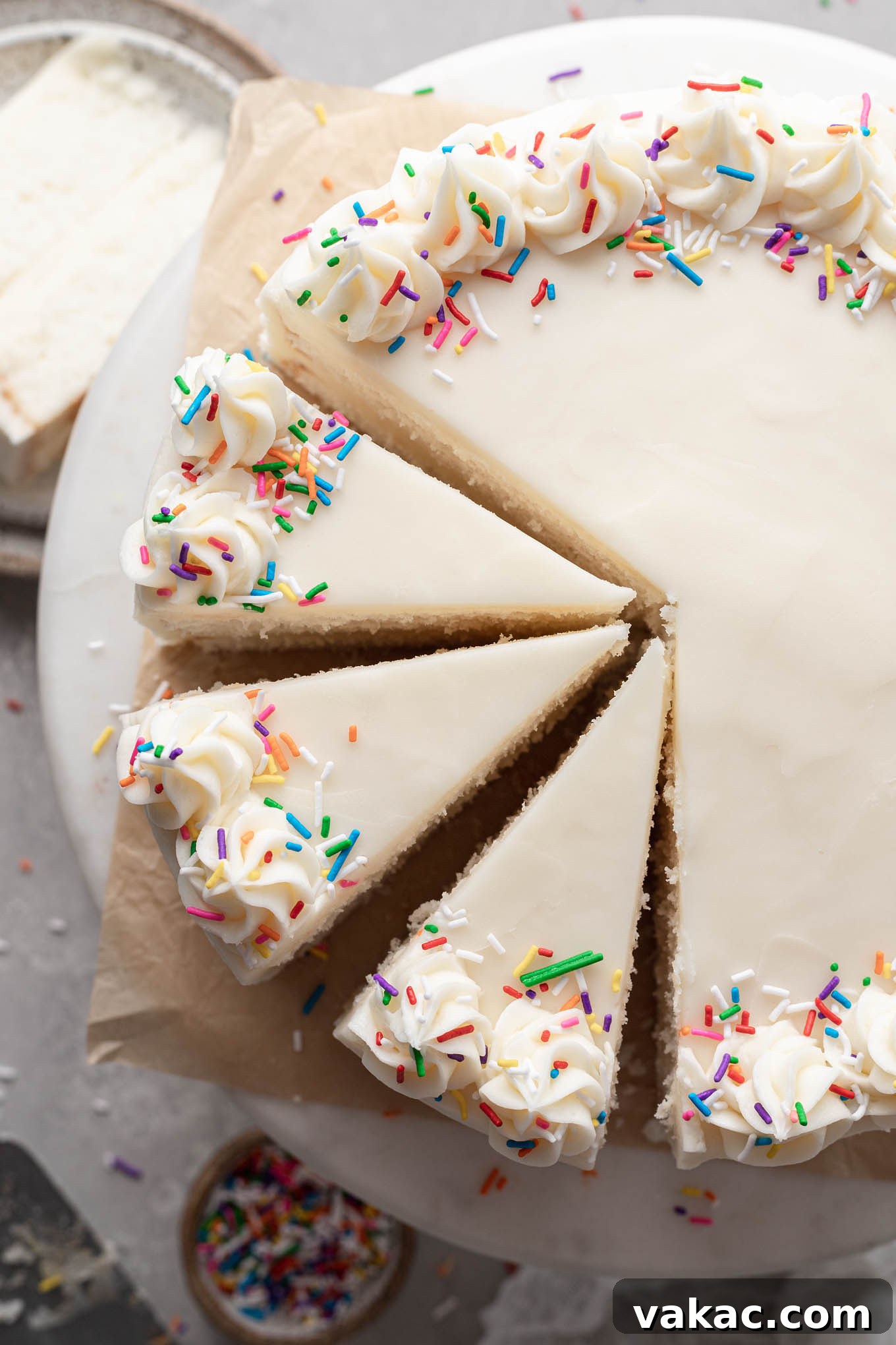 An overhead view of a beautifully homemade white cake on a cake stand, with three perfectly cut slices ready to be enjoyed.