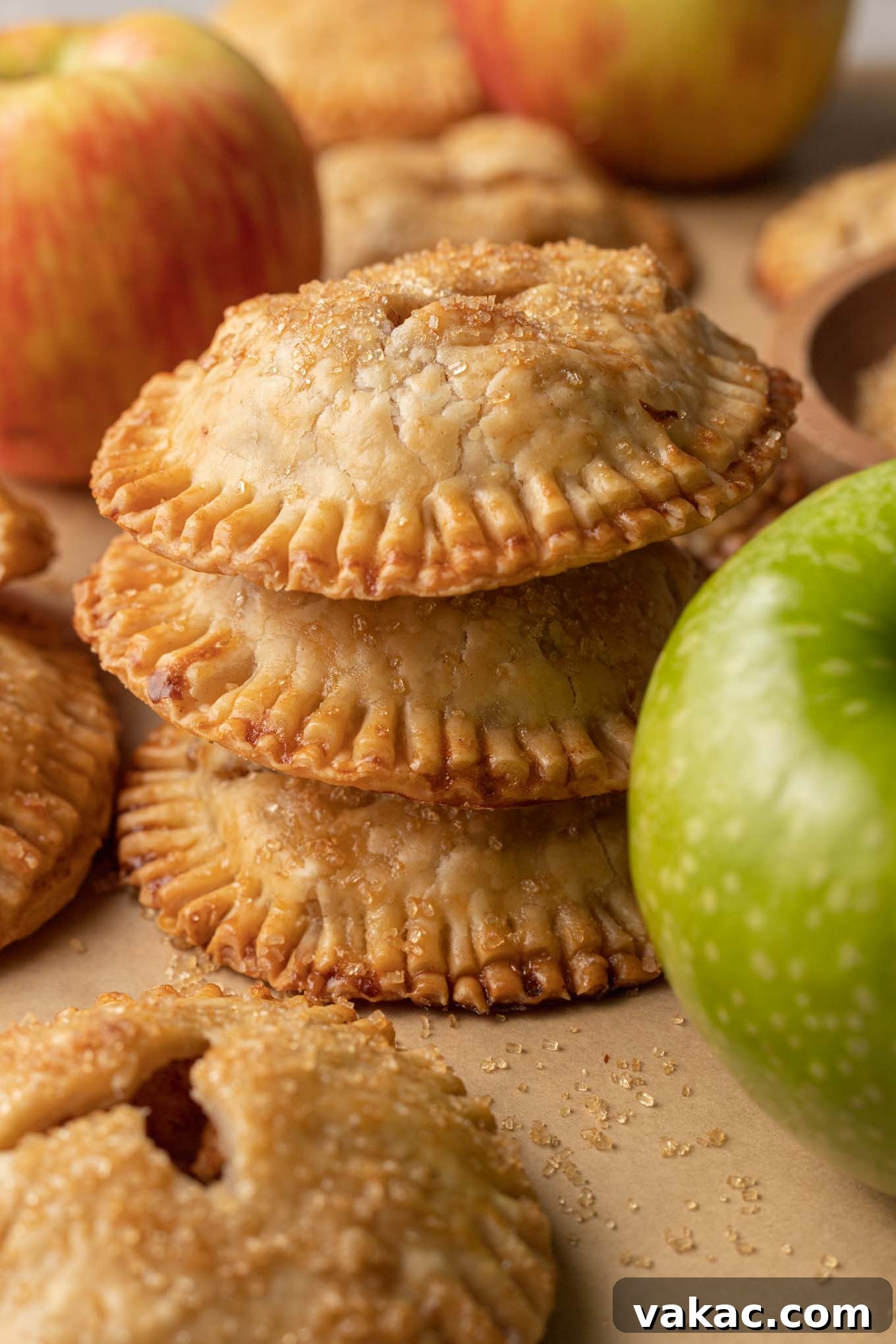 Golden Apple Pocket Pies 2 A stack of three golden-brown apple hand pies, with a fresh Granny Smith apple in the foreground, ready to be enjoyed.