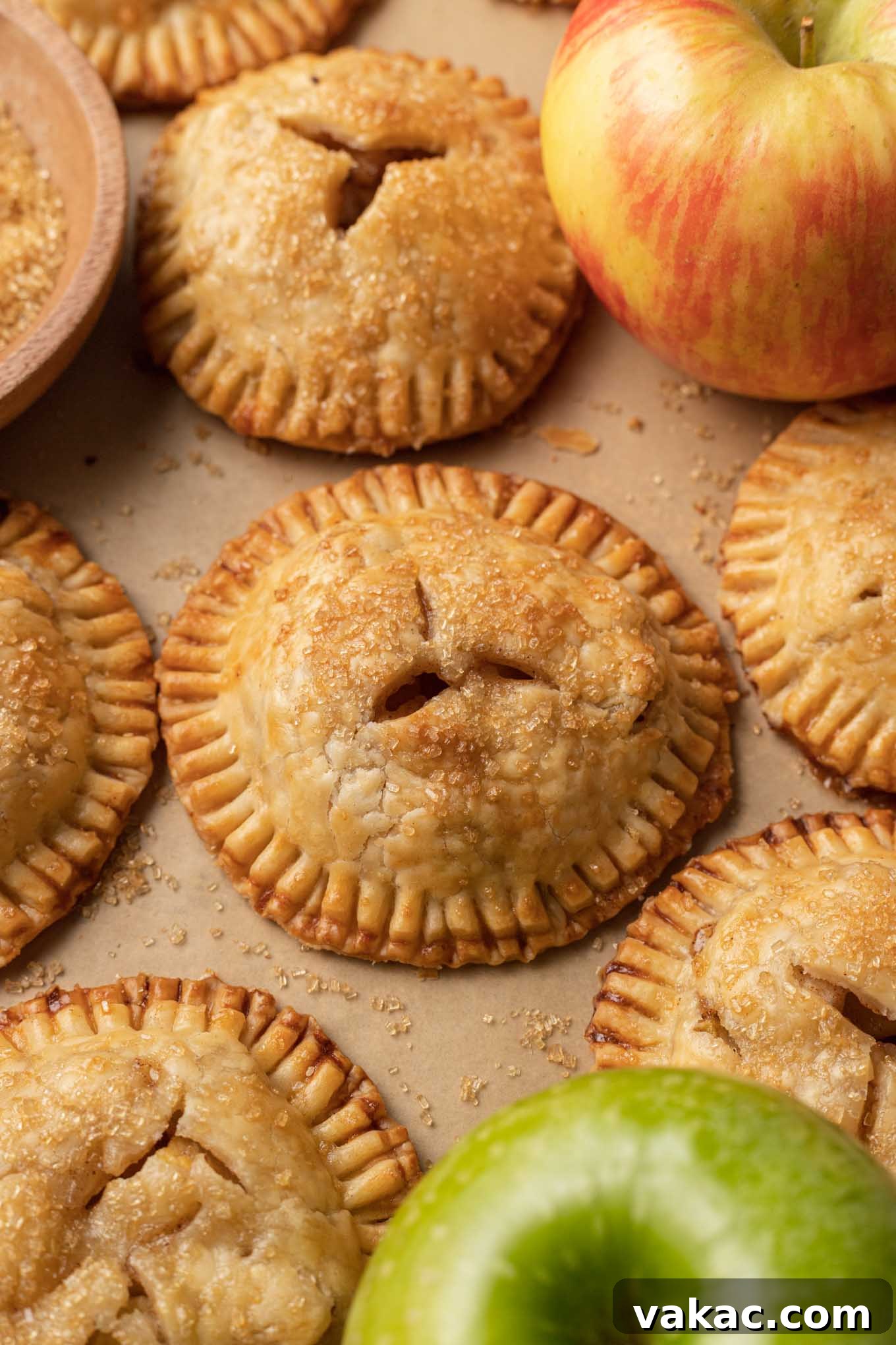 Golden Apple Pocket Pies 8 A baking sheet lined with parchment paper, proudly displaying a batch of perfectly golden-brown homemade apple hand pies, fresh out of the oven.