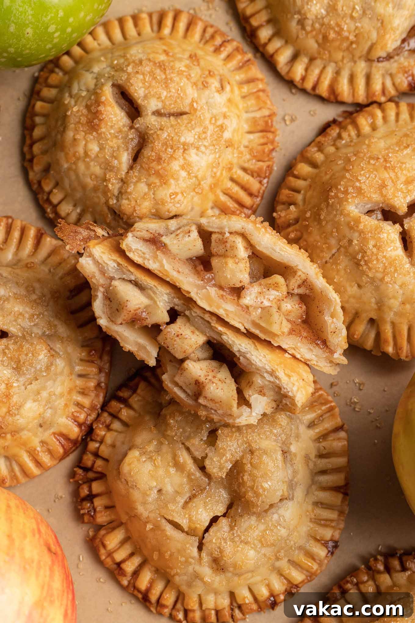 Golden Apple Pocket Pies 9 An overhead close-up view of an apple hand pie, beautifully cut in half and stood on its side, revealing the generous, perfectly cooked spiced apple filling within its golden, flaky crust.