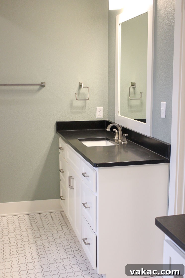Our New Home Tour and Life Lately 12 A pristine full bathroom with white subway tiles in the shower, a classic white hex tile floor, and elegant black granite countertops.