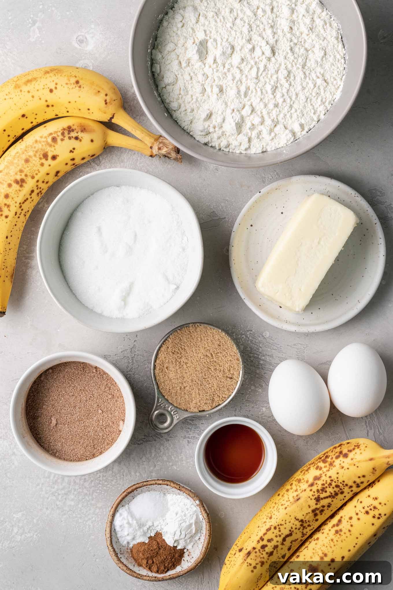 Marbled Cinnamon Banana Loaf 3 An overhead view of the essential ingredients laid out for making cinnamon banana bread, highlighting freshness.