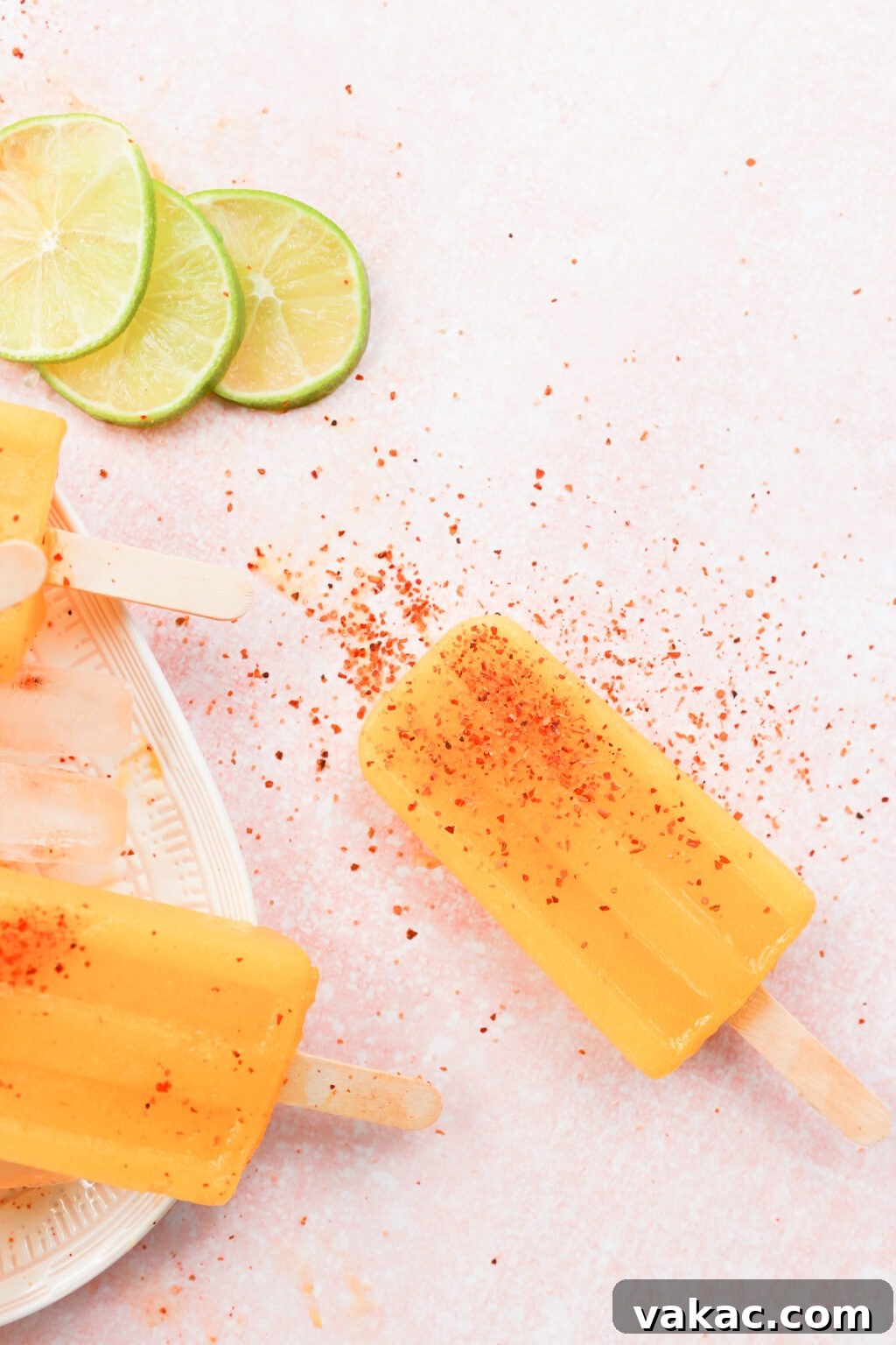 Sweet Heat Mango Tajin Popsicles 7 A single, vibrant orange-yellow popsicle stands against a soft pink background. In the corner, a plate displays more popsicles, and three round lime slices add a fresh accent.