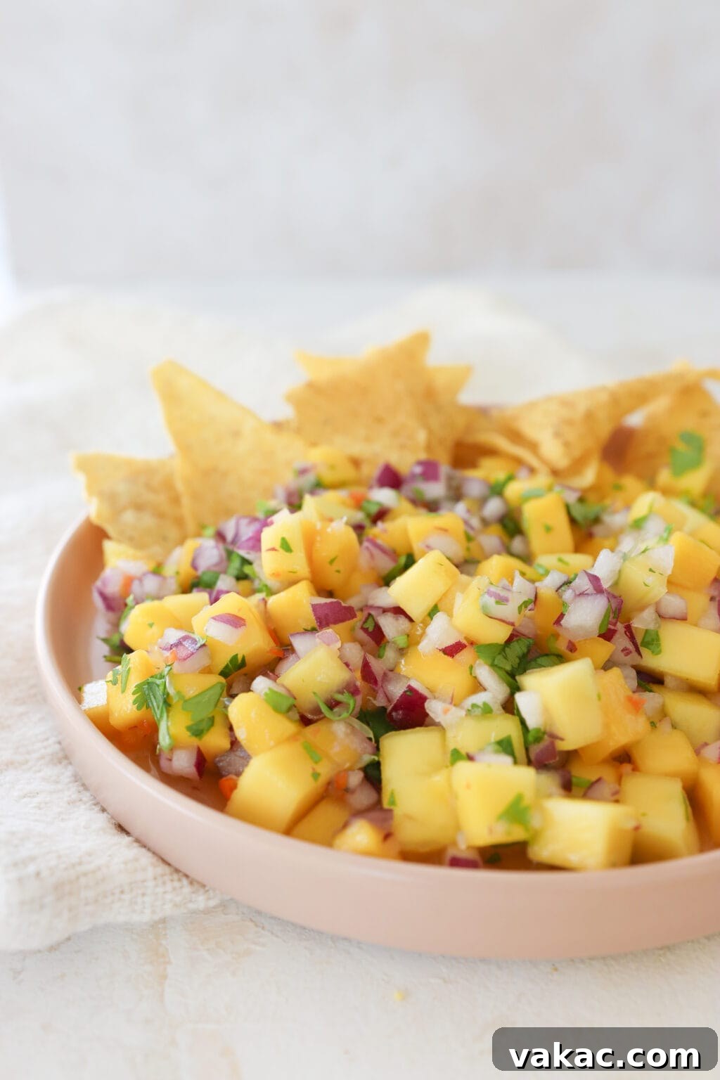 A pink plate with a rim is filled with mango habanero salsa and tortilla chips. The mango is cubed and mixed in with red onion and cilantro.