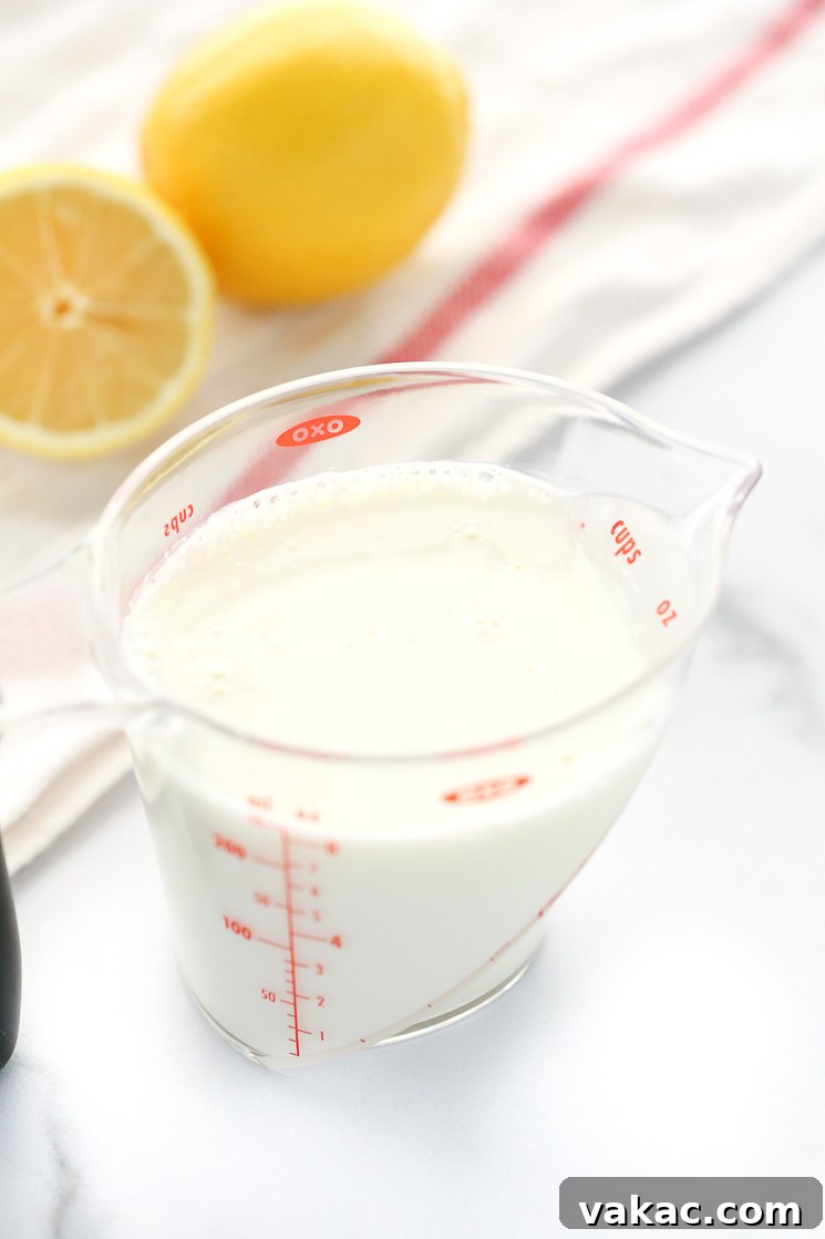 Whip Up Your Own Buttermilk 2 A clear measuring cup filled with homemade buttermilk, alongside a white napkin and fresh lemons in the background.