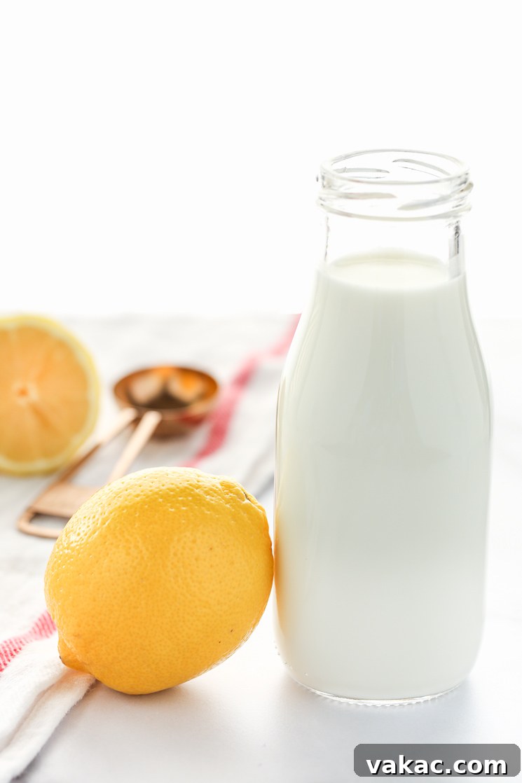 Whip Up Your Own Buttermilk 3 A clear glass measuring cup filled with milk, accompanied by a fresh lemon, a white napkin, a copper measuring spoon, and sliced lemon in the background.