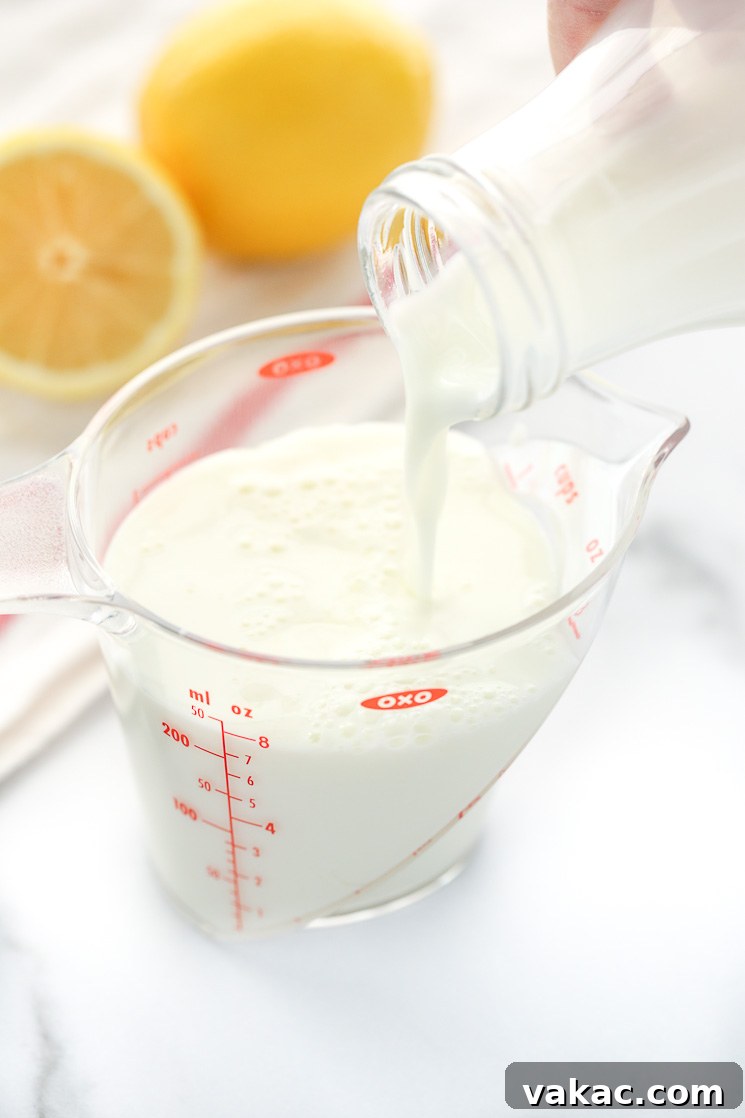 Whip Up Your Own Buttermilk 5 A clear measuring cup being filled with milk, with a white napkin and lemons in the background.