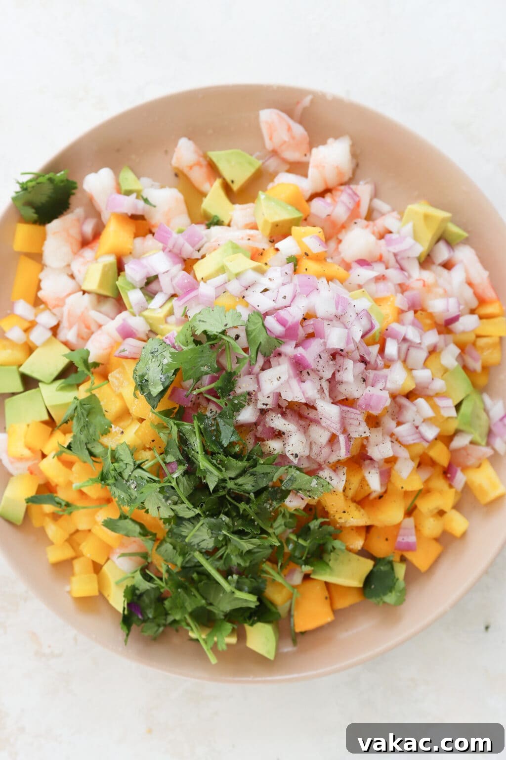 Speedy Prawn Ceviche with Vibrant Mango Avocado 5 A pink plate featuring a vibrant collection of unmixed ingredients for a prawn ceviche, mango, and avocado salad. Visible are neatly cubed mango, chopped pink shrimp, perfectly diced avocado, finely sliced red onion, and fresh cilantro leaves, all awaiting their harmonious toss.