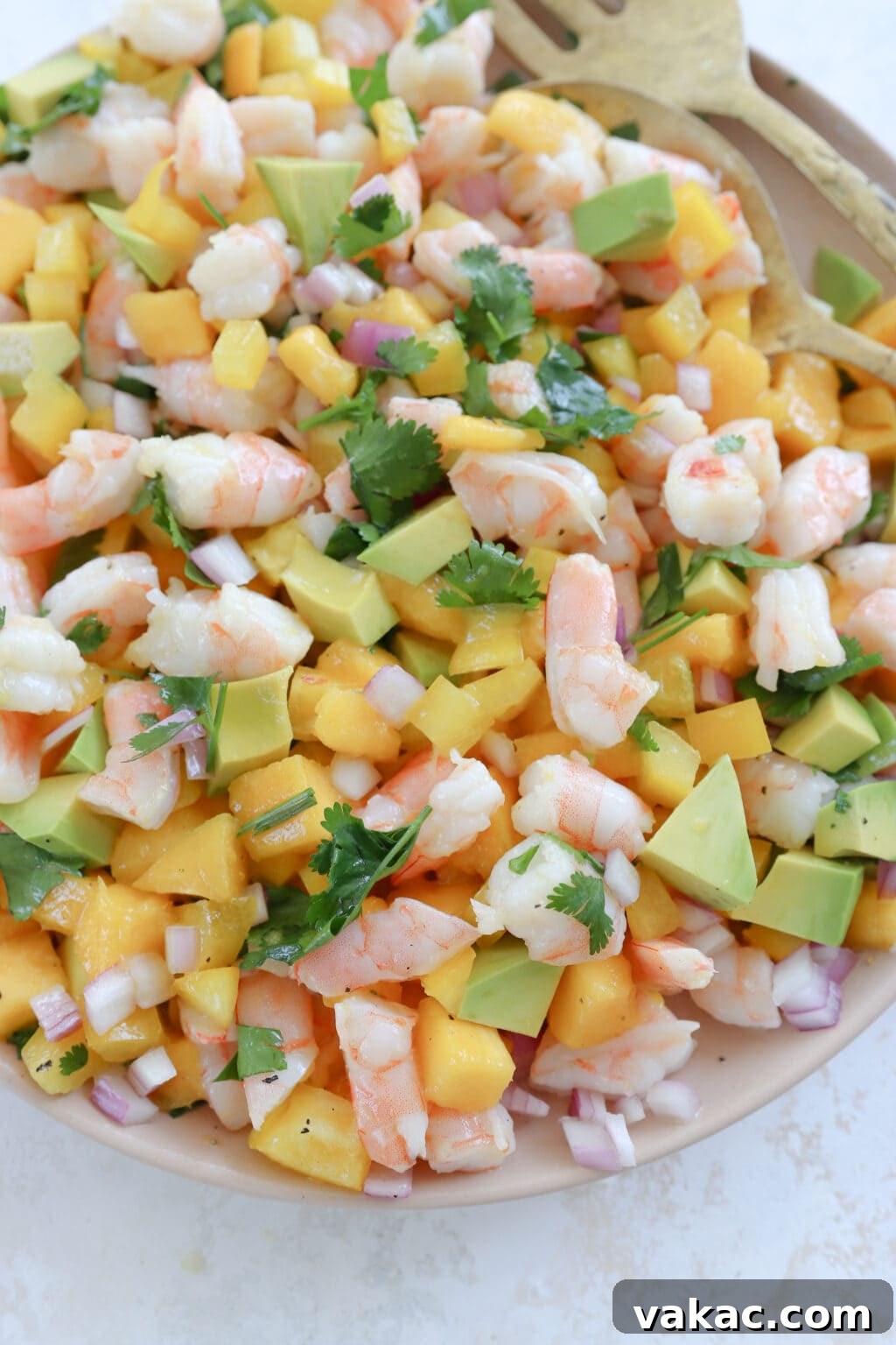 Speedy Prawn Ceviche with Vibrant Mango Avocado 7 An overhead shot of a perfectly plated Prawn, Mango, and Avocado salad on a soft pink ceramic plate. The salad is composed of vibrant cubed mango, creamy avocado, succulent chopped shrimp, and fresh cilantro, creating a visually appealing and delicious dish.