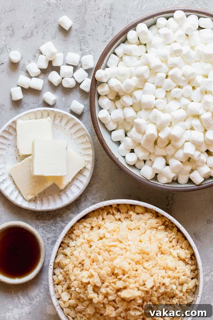 Essential ingredients for Rice Krispie Treats: marshmallows, sliced butter, vanilla extract, and crispy rice cereal laid out on white and brown plates on a gray surface.