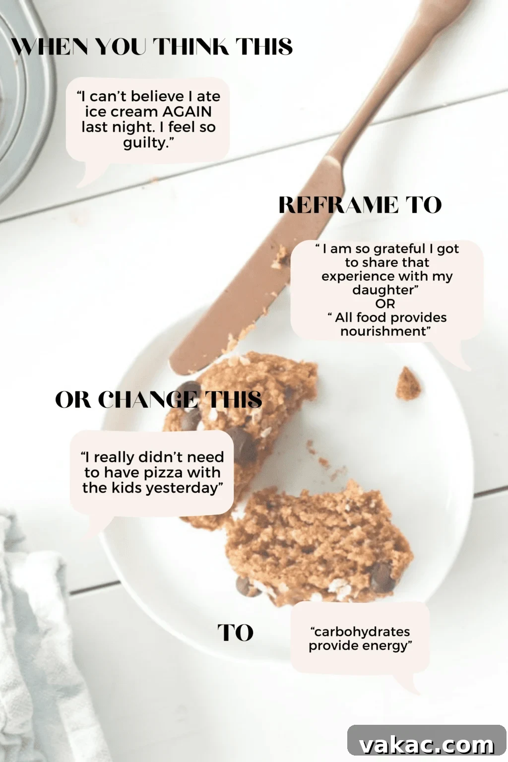 Beyond Good and Bad Food Why Food Morality Fails Us 5 A pumpkin oat muffin cut in half on a plate. The text overlay reads "WHEN YOU THINK THIS “I was bad, I ate ice cream 3 nights a week” REFRAME TO “I ate ice cream.” OR CHANGE THIS “I really didn’t need to have pizza with the kids yesterday” TO “I made a memory with my son yesterday.”"