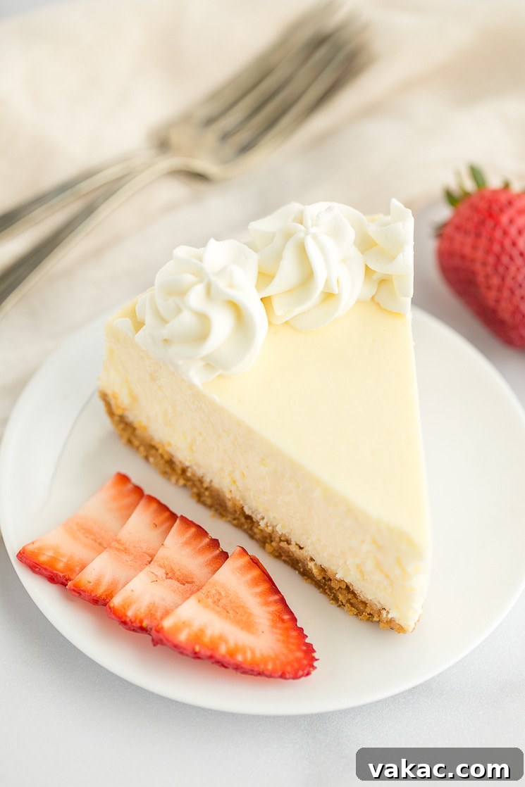 Grandma's Classic Cheesecake 7 A slice of cheesecake topped with whipped cream on a white plate.