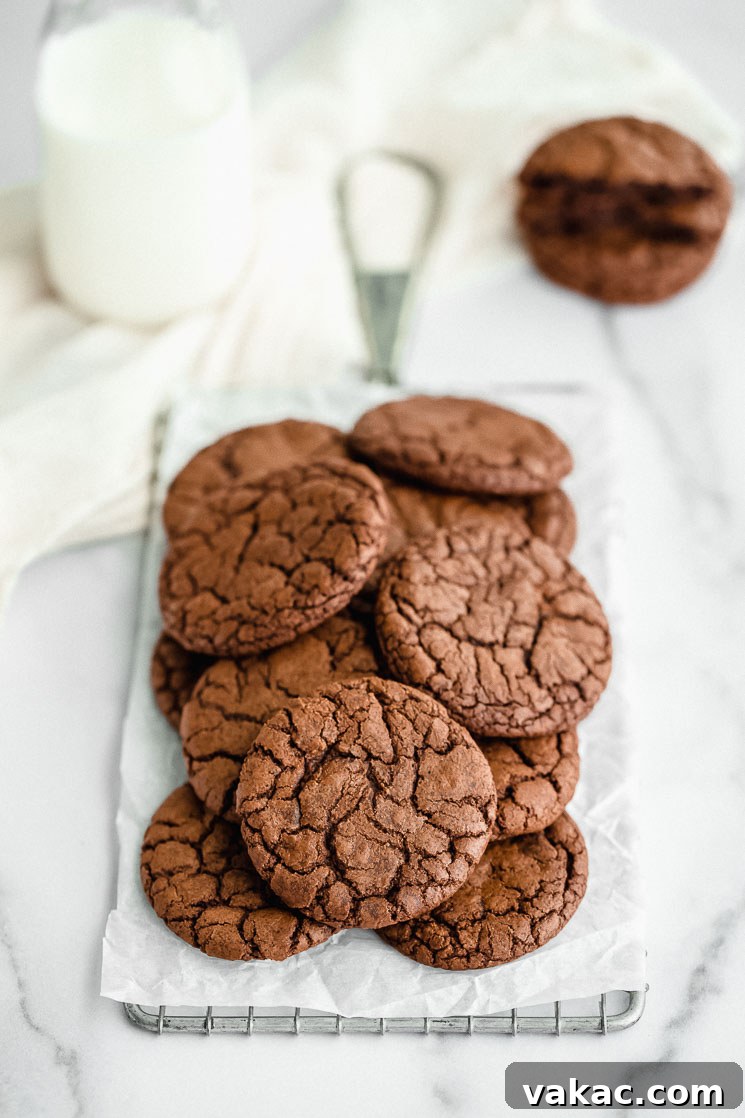 Decadent Brownie Cookies 2 A stack of brownie cookies on top of an antique safety grater with more cookies and milk in the background.