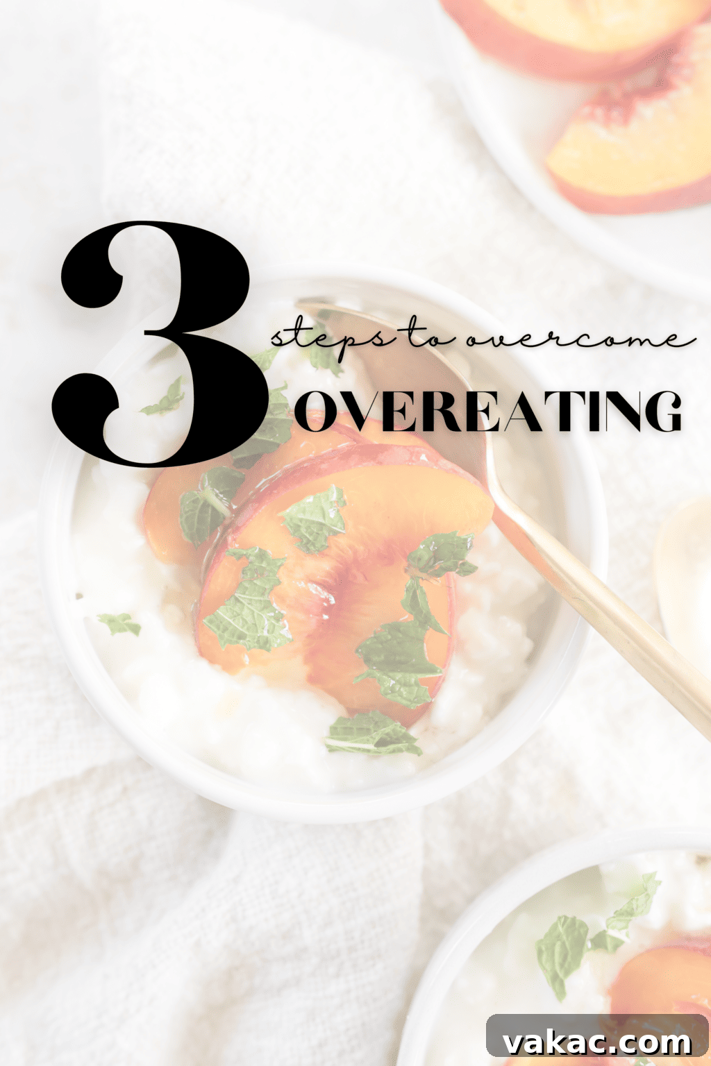 Post-Overeating Plan: A Dietitian's Essential Guide 5 Three white bowls with cottage cheese and mangos with the title "3 steps to overcome overeating".