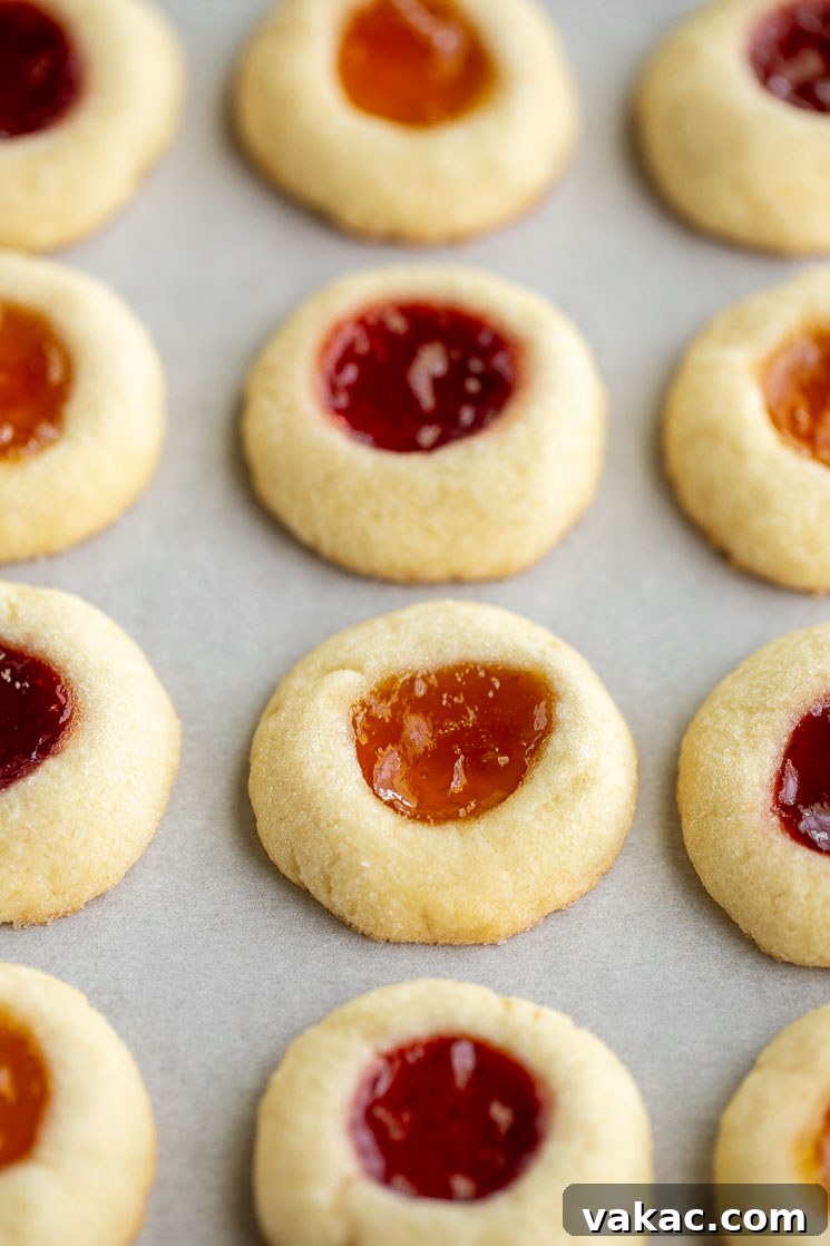 Sweet Impressions 4 Baked thumbprint cookies lined up on a piece of parchment paper.